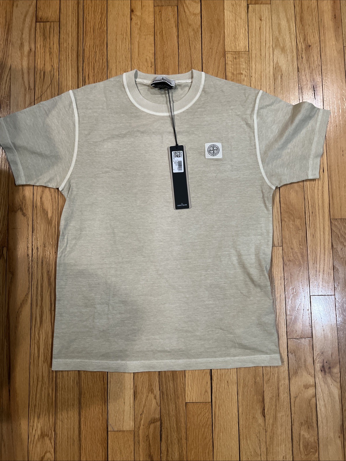 New Stone Island Shirt Mens Medium Beige Logo Patch Short Sleeve Cotton