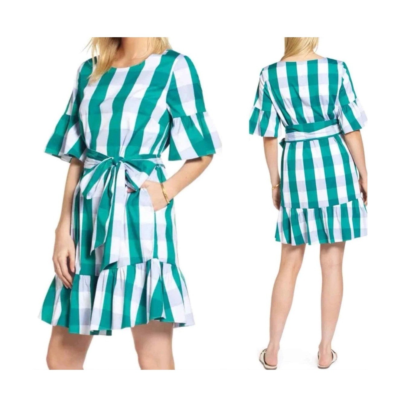 1901 Ruffle & Bow Dress Womens Large Green Gingham Buffalo Check Plaid Summer