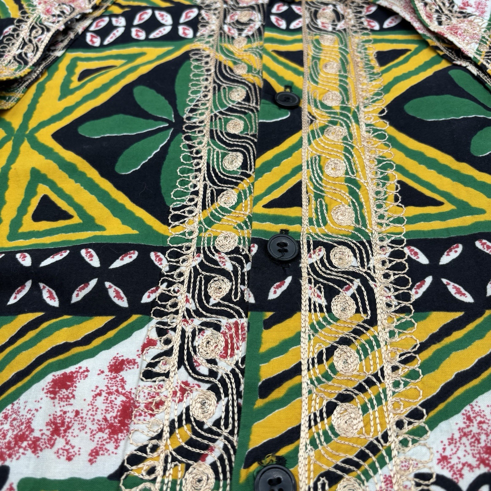 Vtg 90s Charles Smith Kenya 100% Cotton Embroidered Tunic Shirt Pockets L