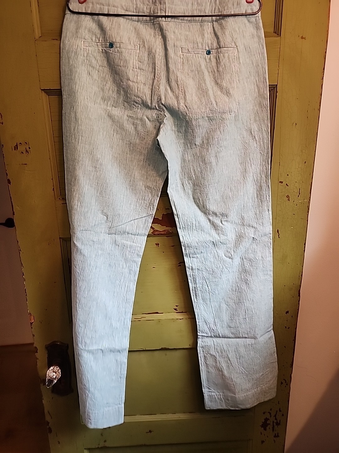 Freedom Trail By Kyodan Aqua White Pinstripe Linen Cotton Pants Womans Small