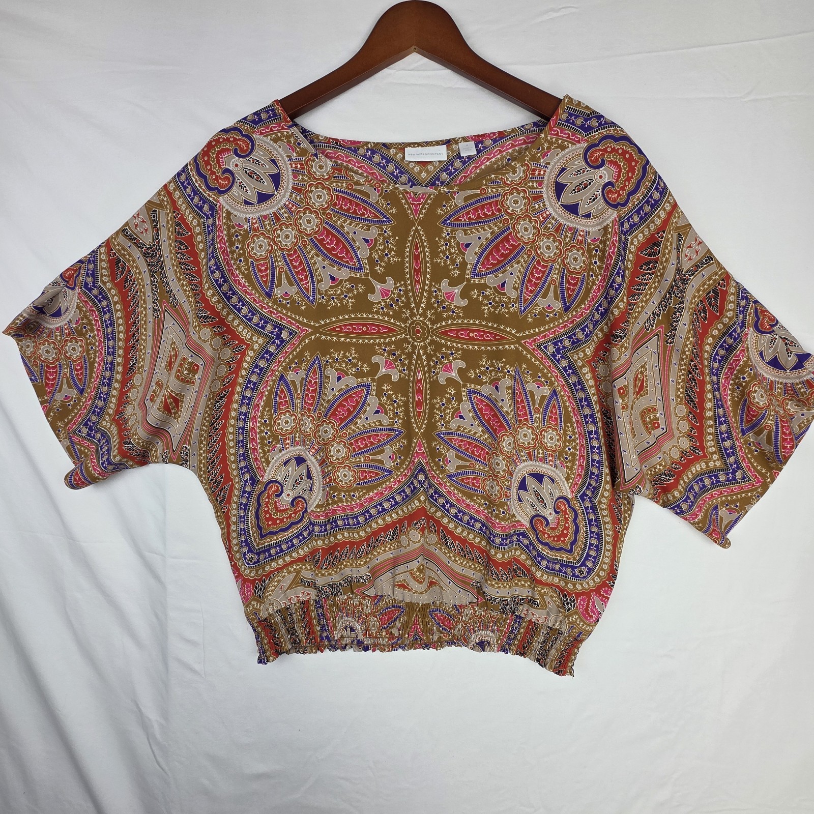 Bohemian Sheer Blouse M Relaxed Banded Hem Kimono Sleeves Boho Chic Boxy Gold
