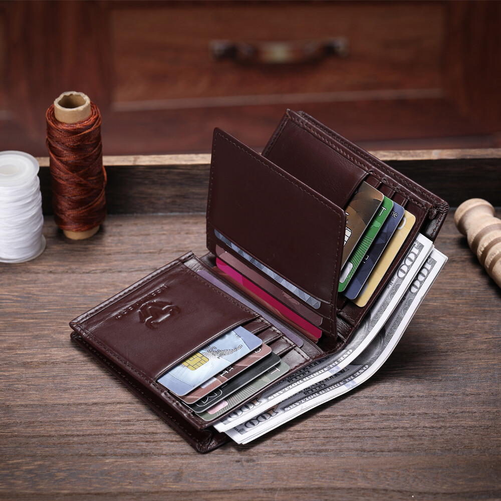 Mens Cowhide Leather Wallet RFID Blocking ID Card Holder Coin Purse Thicken New