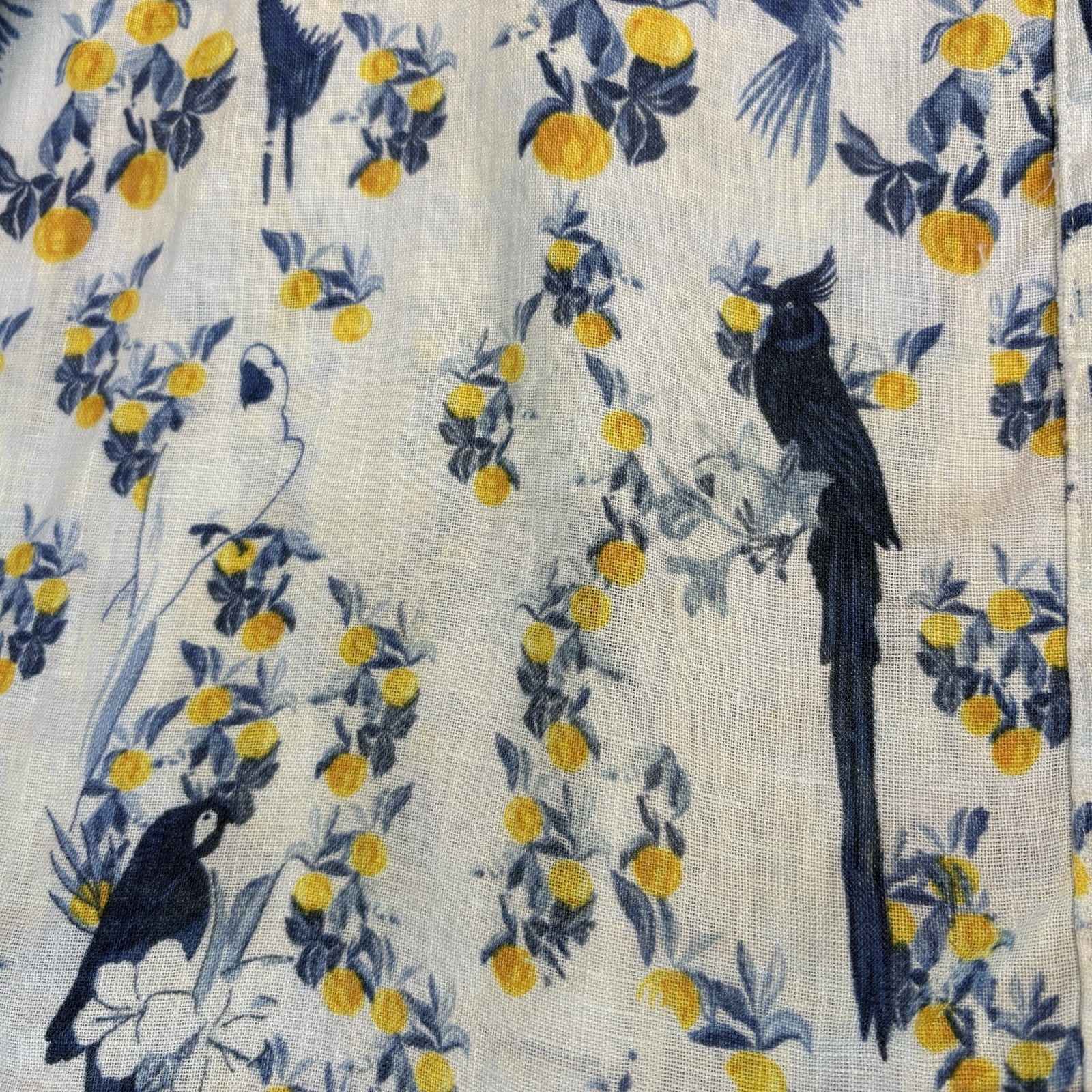 Isaac Mizrahi Size 2X 100% Linen Blouse Blue Yellow Bird Floral Roll Tab Sleeve