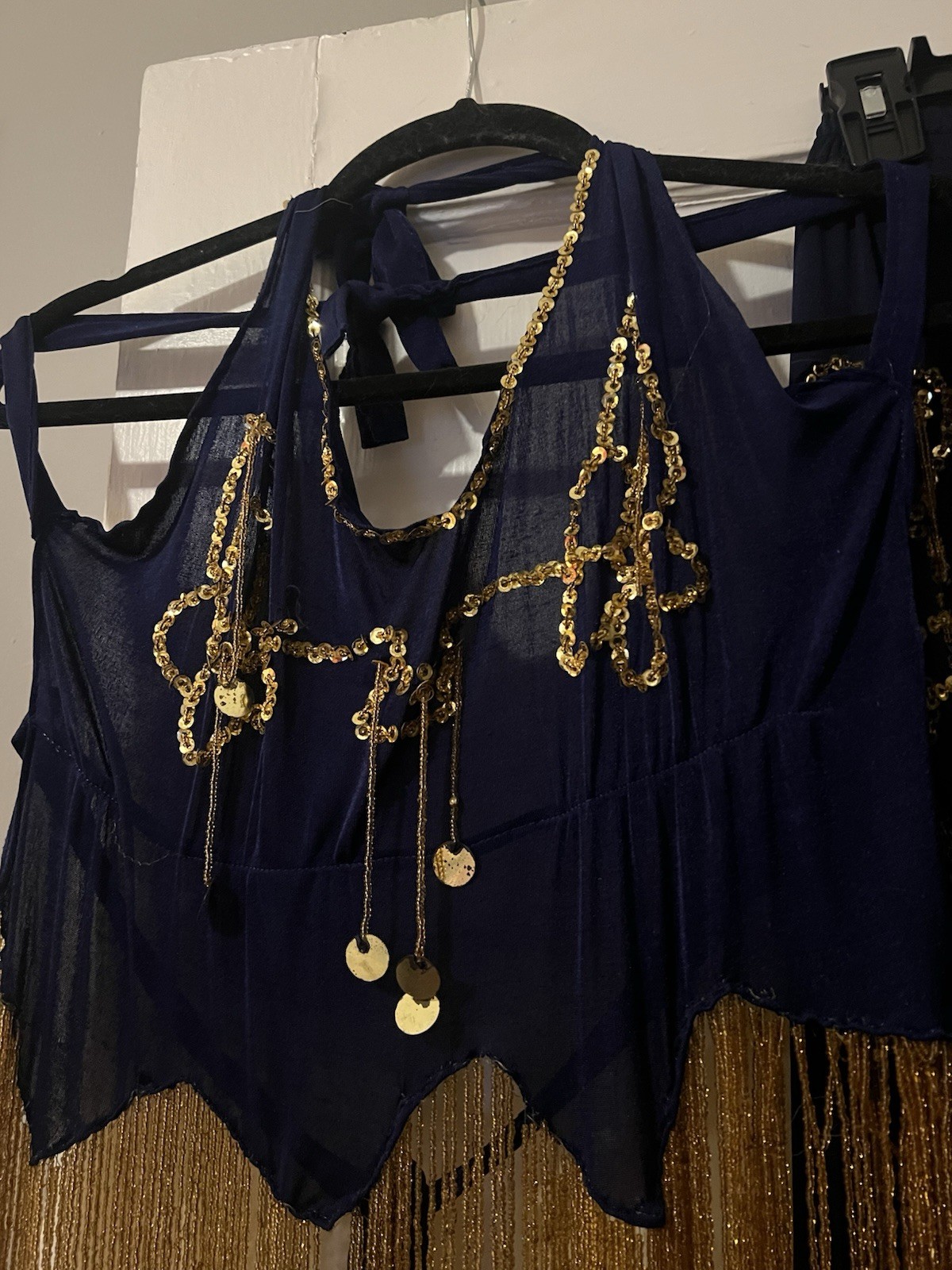 Navy & Gold Bellydance Inspired Showgirl Fringe 2-Pc Sequin Beaded Festival Set