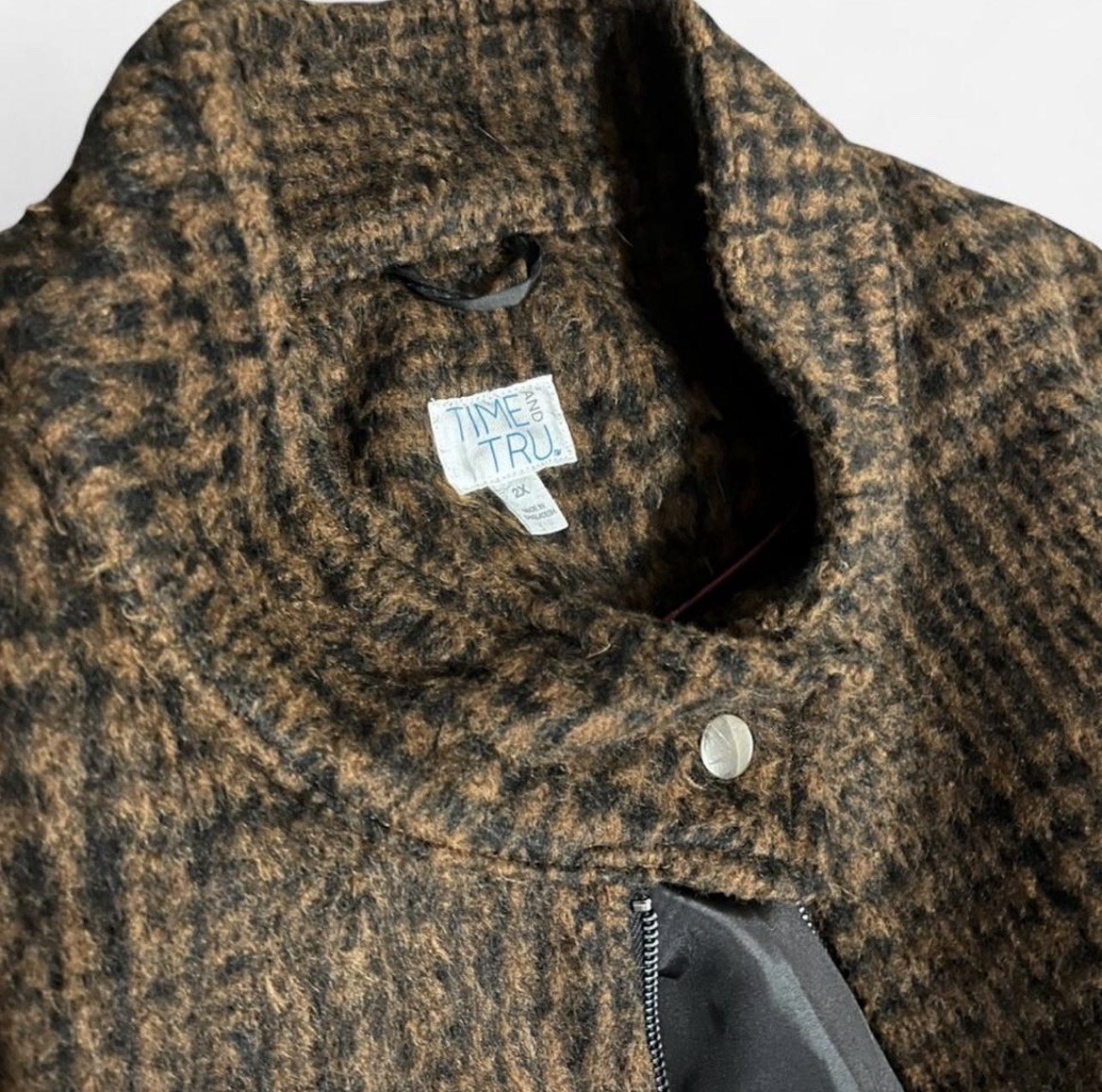 Time Tru Women’s Brown/Black Plaid Zip-Up Short Jacket Stand-Up Collar 2X