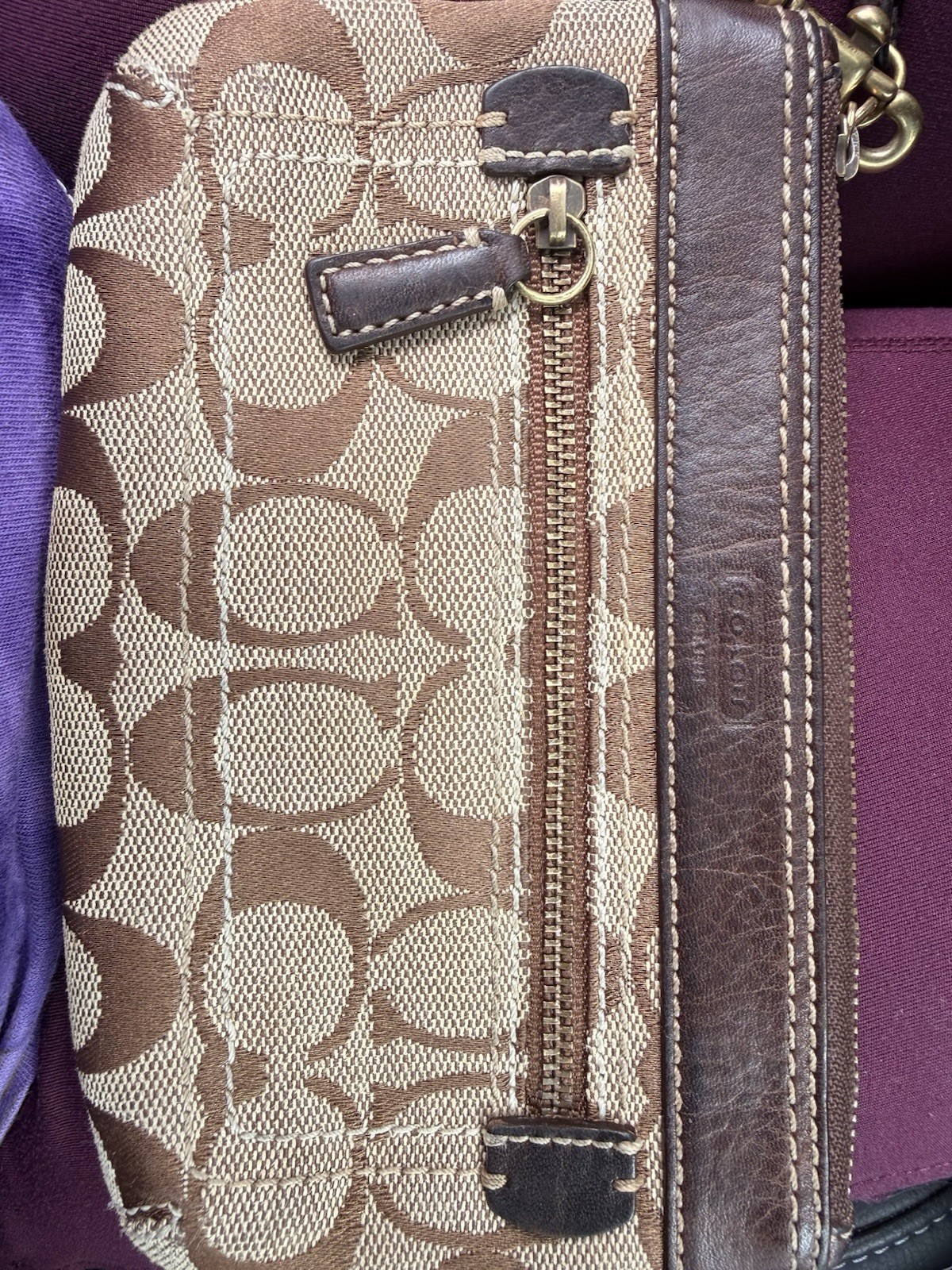 Coach Classic Logo Pattern Zip Wristlet with Wrist Strap Brown Beige