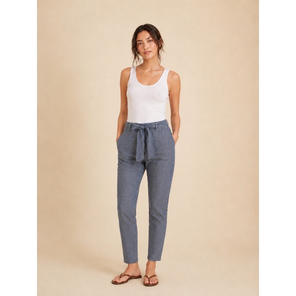 Banana Republic Avery Petite 4 Blue & White Striped Tie Waist Ankle Pants