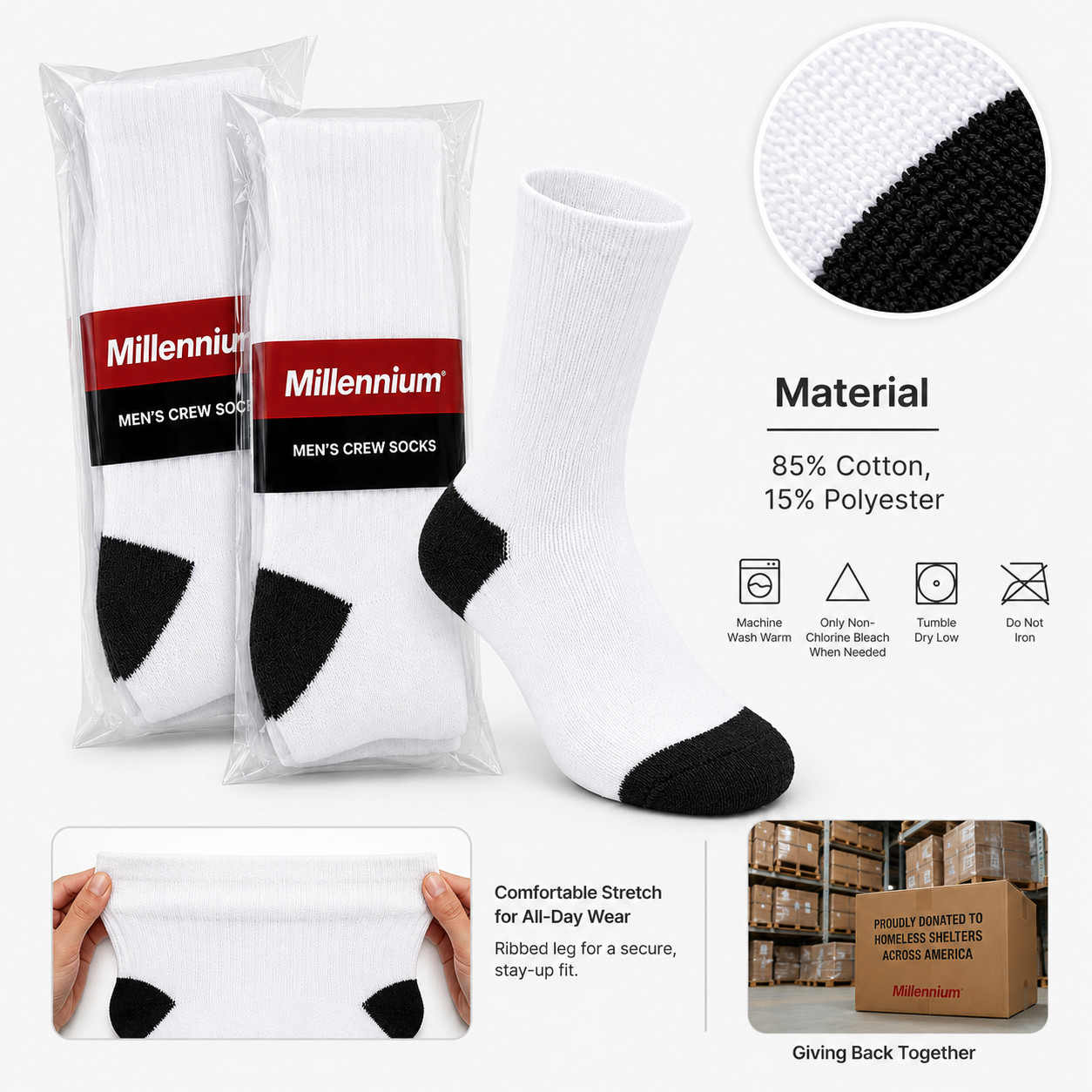 Men’s Cotton Moisture Control Breathable Crew Socks White Black Wholesale Lots