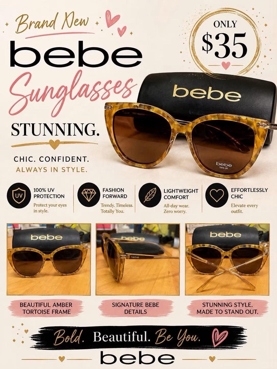 bebe Women’s Cat Eye Sunglasses Brown Tortoise Plastic Frame, 100% UV