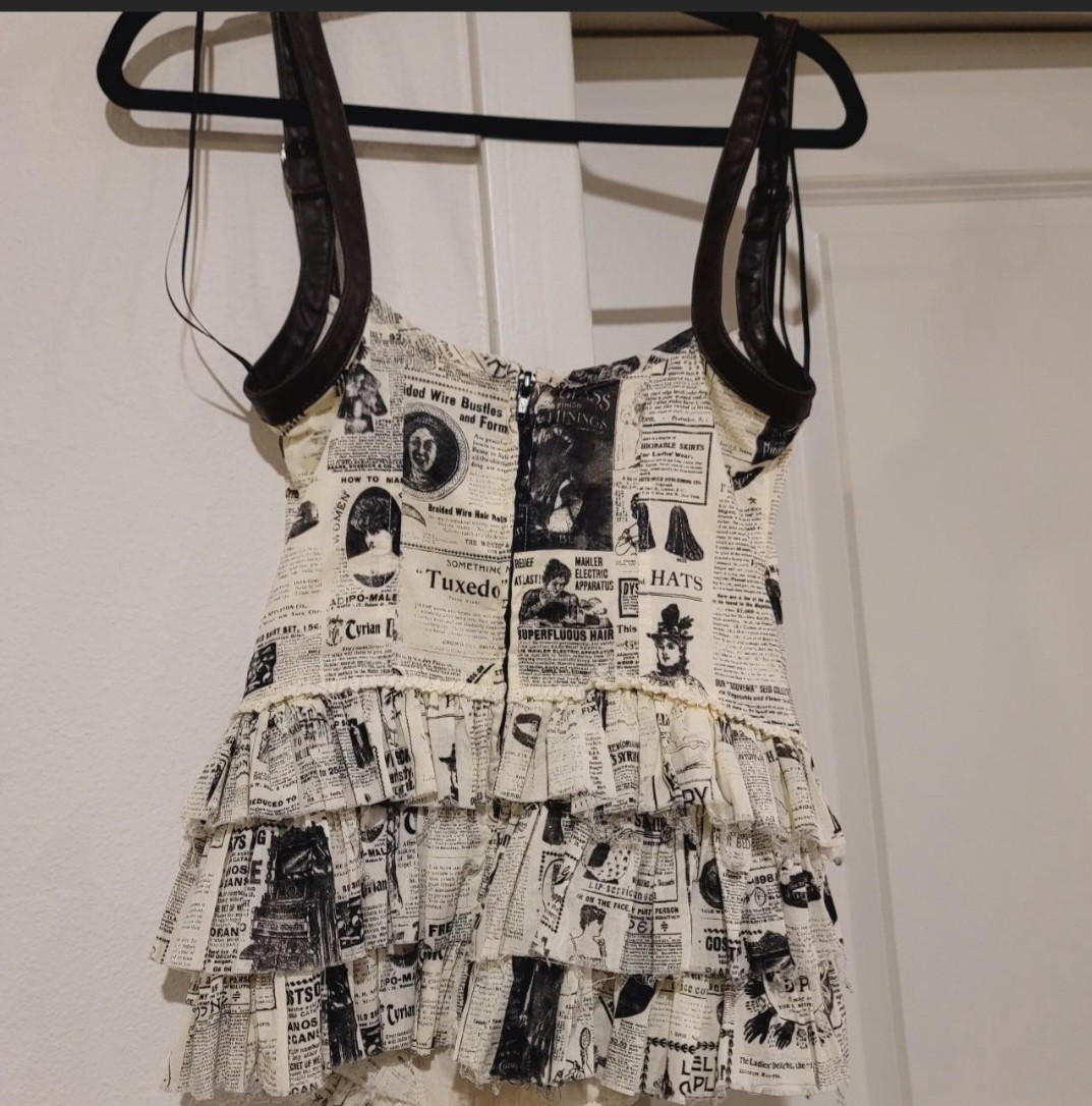 SUPA VINTAGE!!! LIP SERVICE 1985 Y2K newspaper print corset top with ruffles…