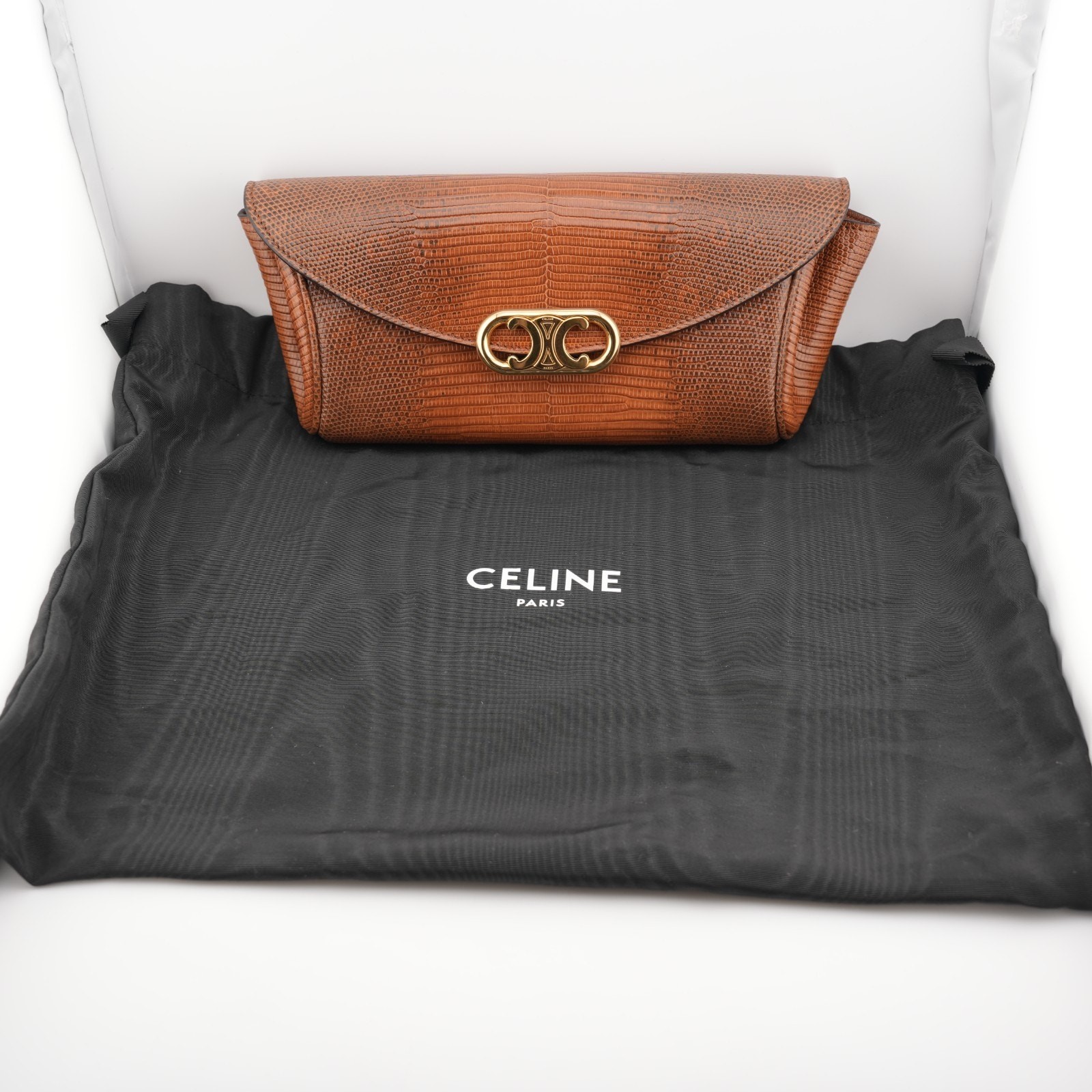 Celine Shiny Lizard Leather Maillon Triomphe Clutch Brown