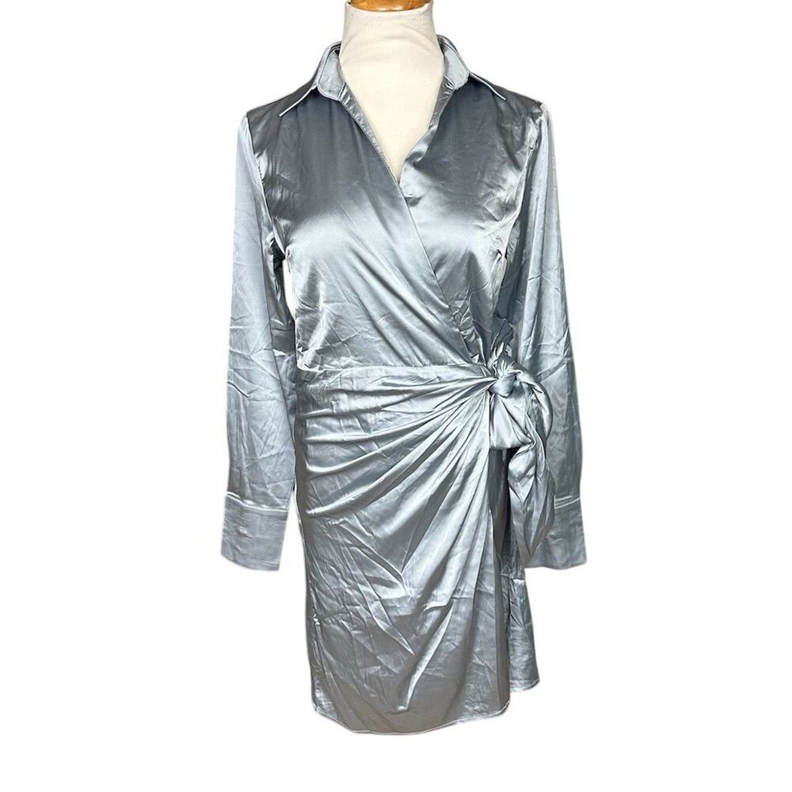 NWOT Lulus Women’s M Painterly Perfection Slate Blue Satin Wrap Mini Dress Party