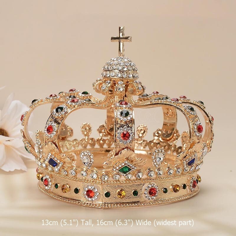13cm Tall Large Men’s Cross Gold Crown Drama Imperial Medieval King Metal Crown