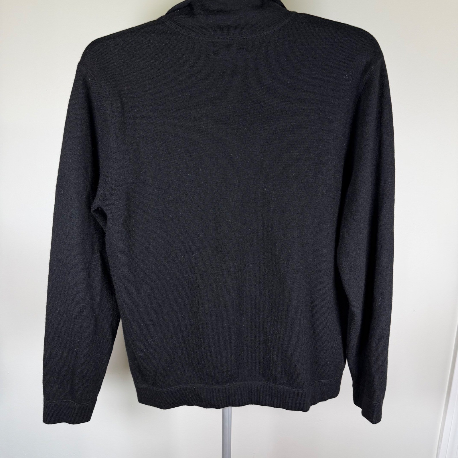 Banana Republic Mens Merino Wool Full Zip Sweater Black Blue Striped Neck Large