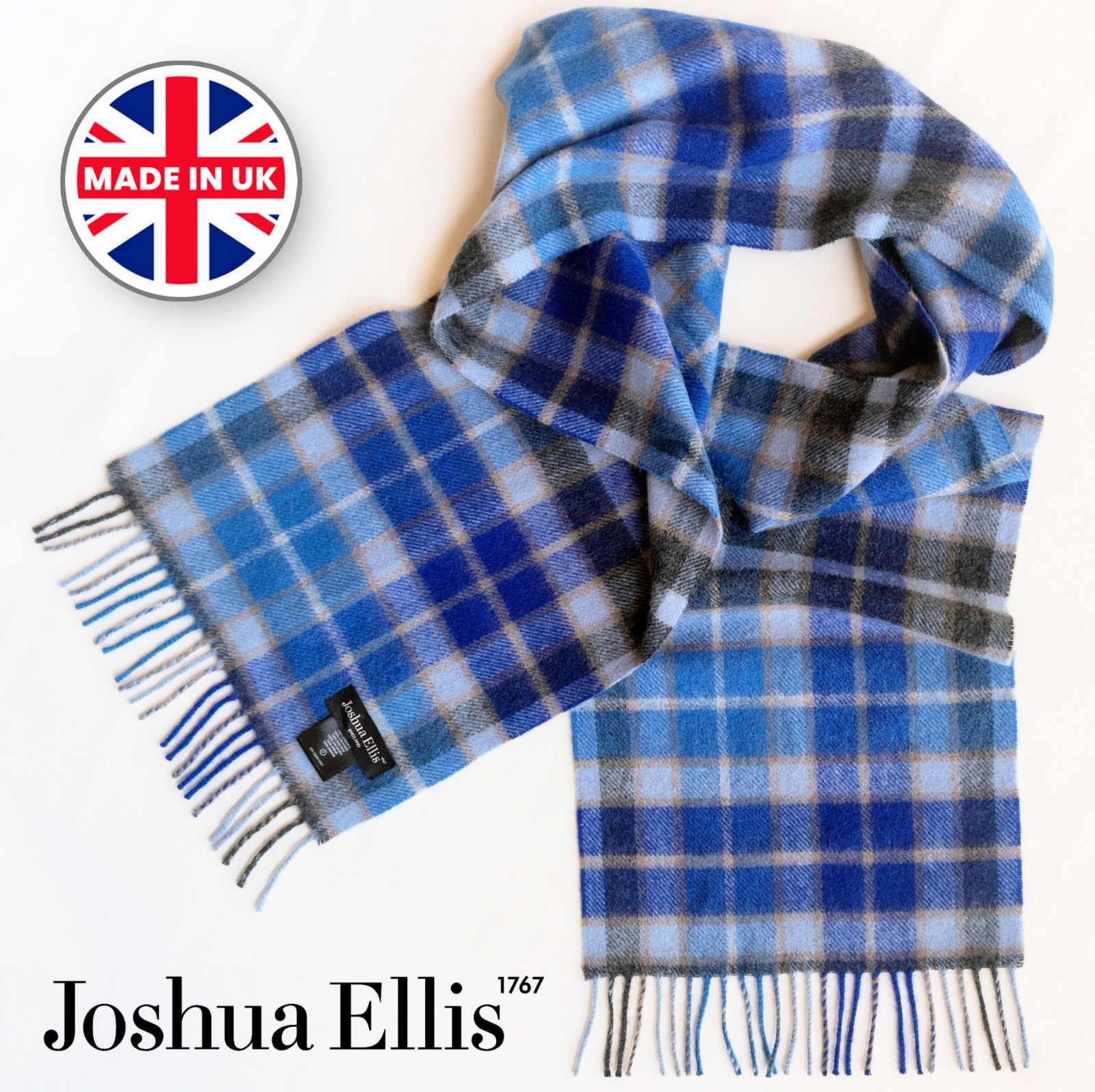 NP €167 Joshua Ellis 100% cashmere scarf, m.i. UK! checked, plaid, wool scarf