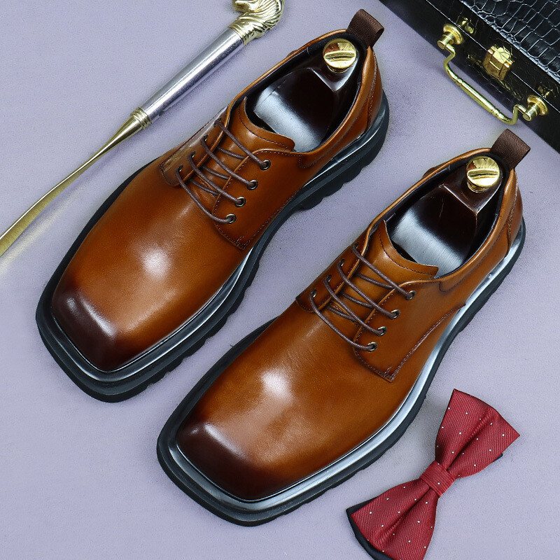 Men’s 100% Real Leather Square Toe Derby Shoes Wedding Platform Business Lace Up