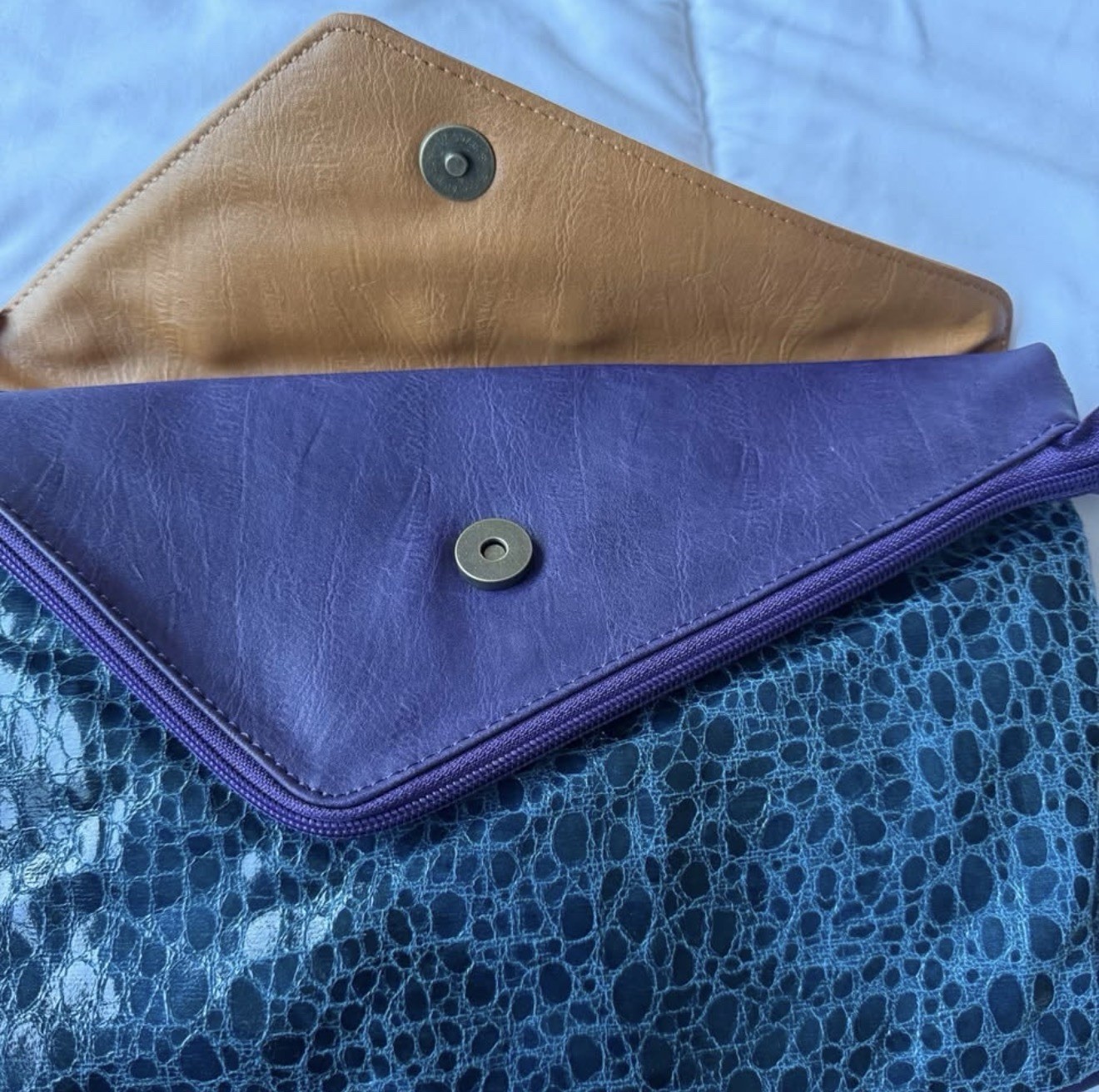 Teal Croc-Embossed Envelope Clutch – Colorblock | 4 Compartments | Brand New