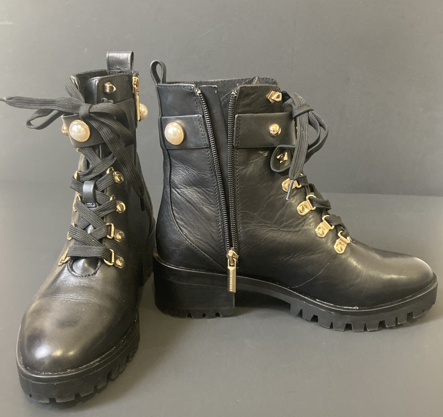 Karl Langerfeld Paris Combat Boot Black Pearl studded Lug Sole Size 7.5
