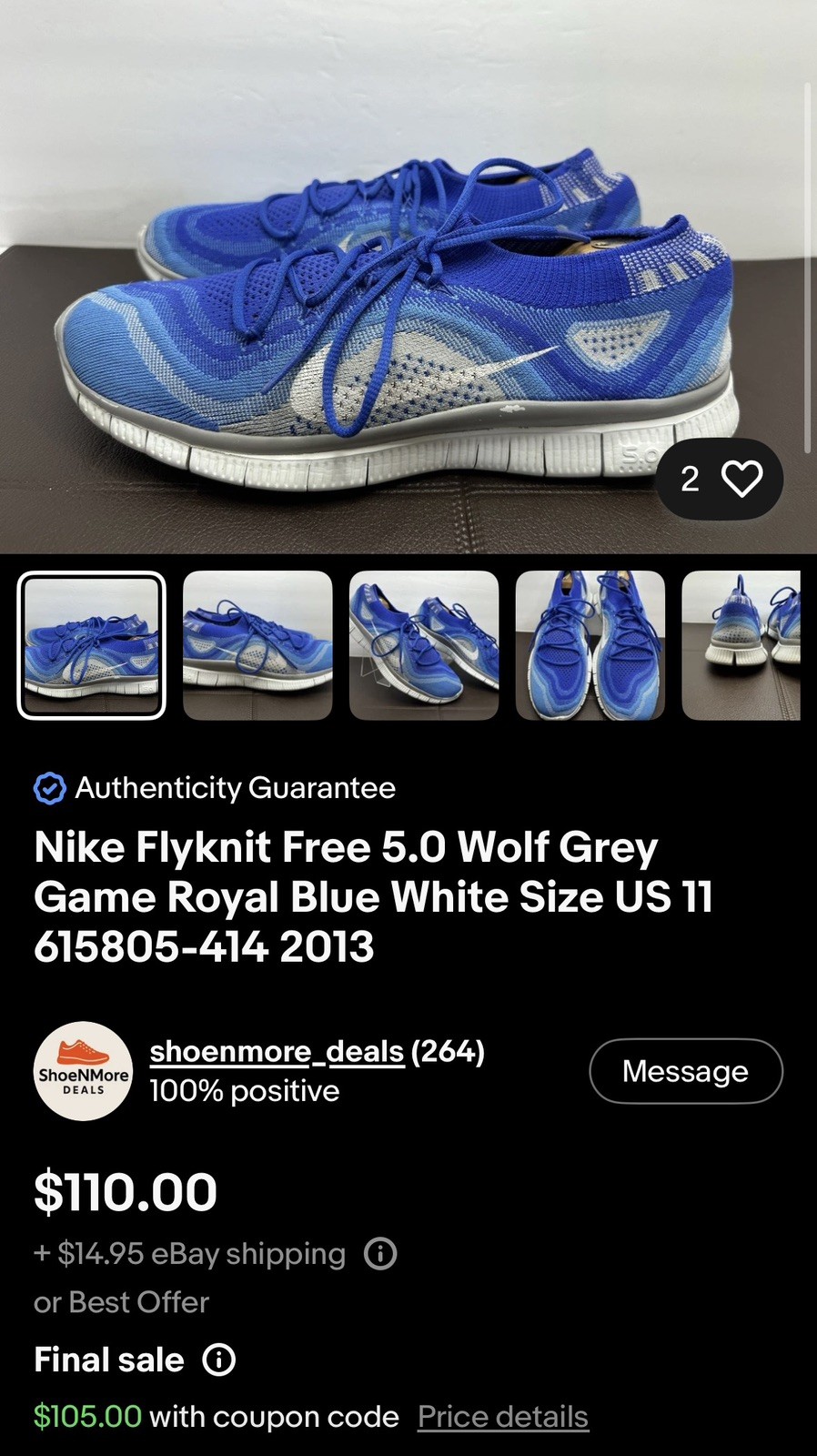Nike Flyknit Free 5.0 Wolf Grey Game Royal Blue White Size US 15 615805-414 2013