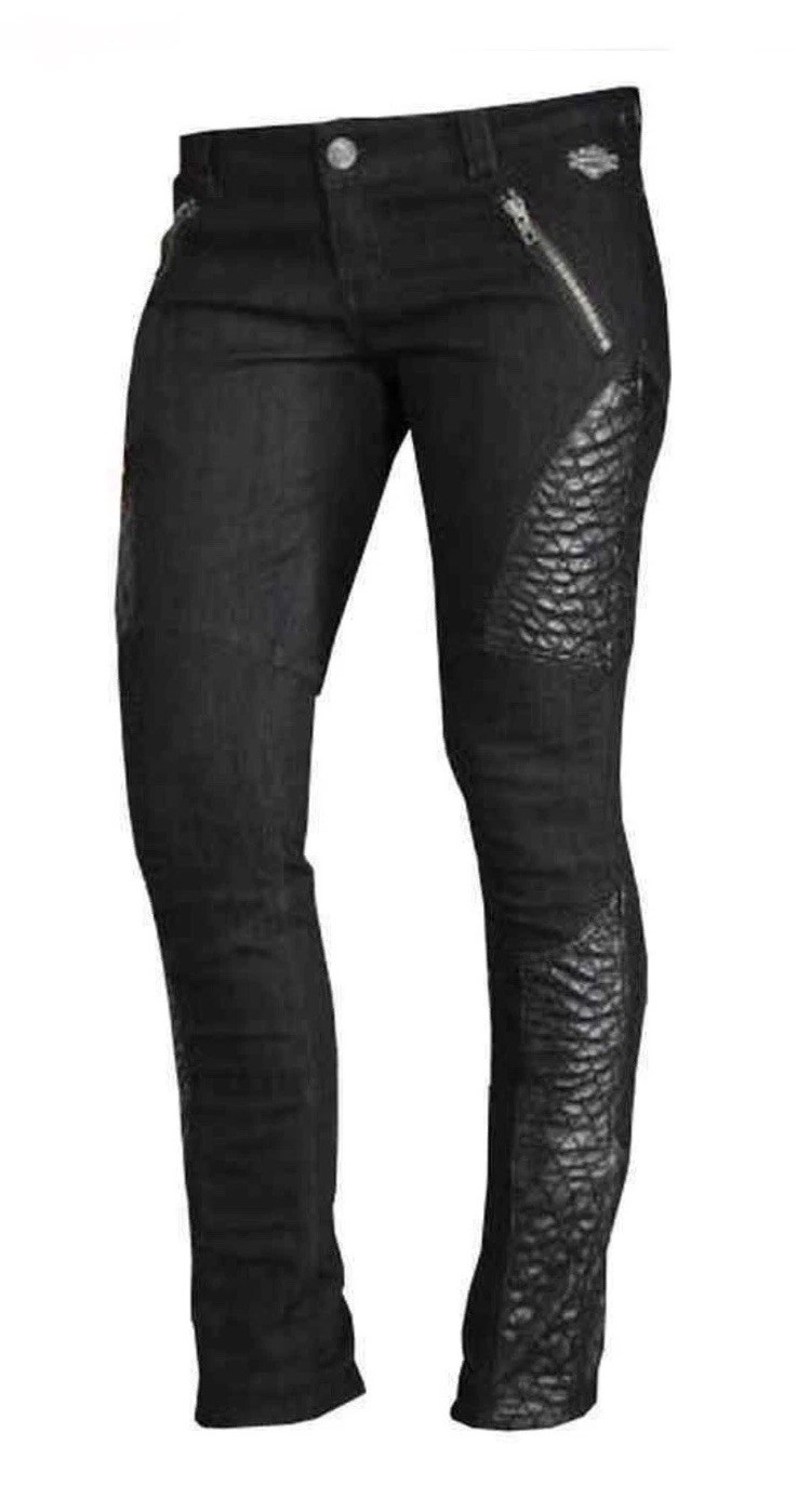 *Worn ONCE* HARLEY DAVIDSON Quilted Faux Leather Denim Riding Motorcycle Jeans 8