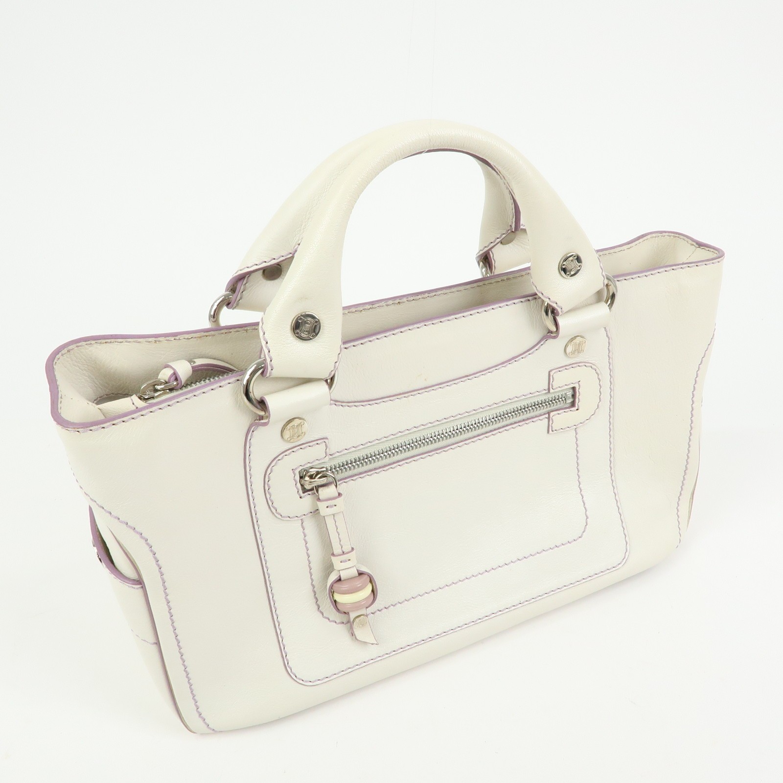 CELINE Macadam Leather Boogie Bag Hand Bag Tote Bag White Purple Auth Used F/S