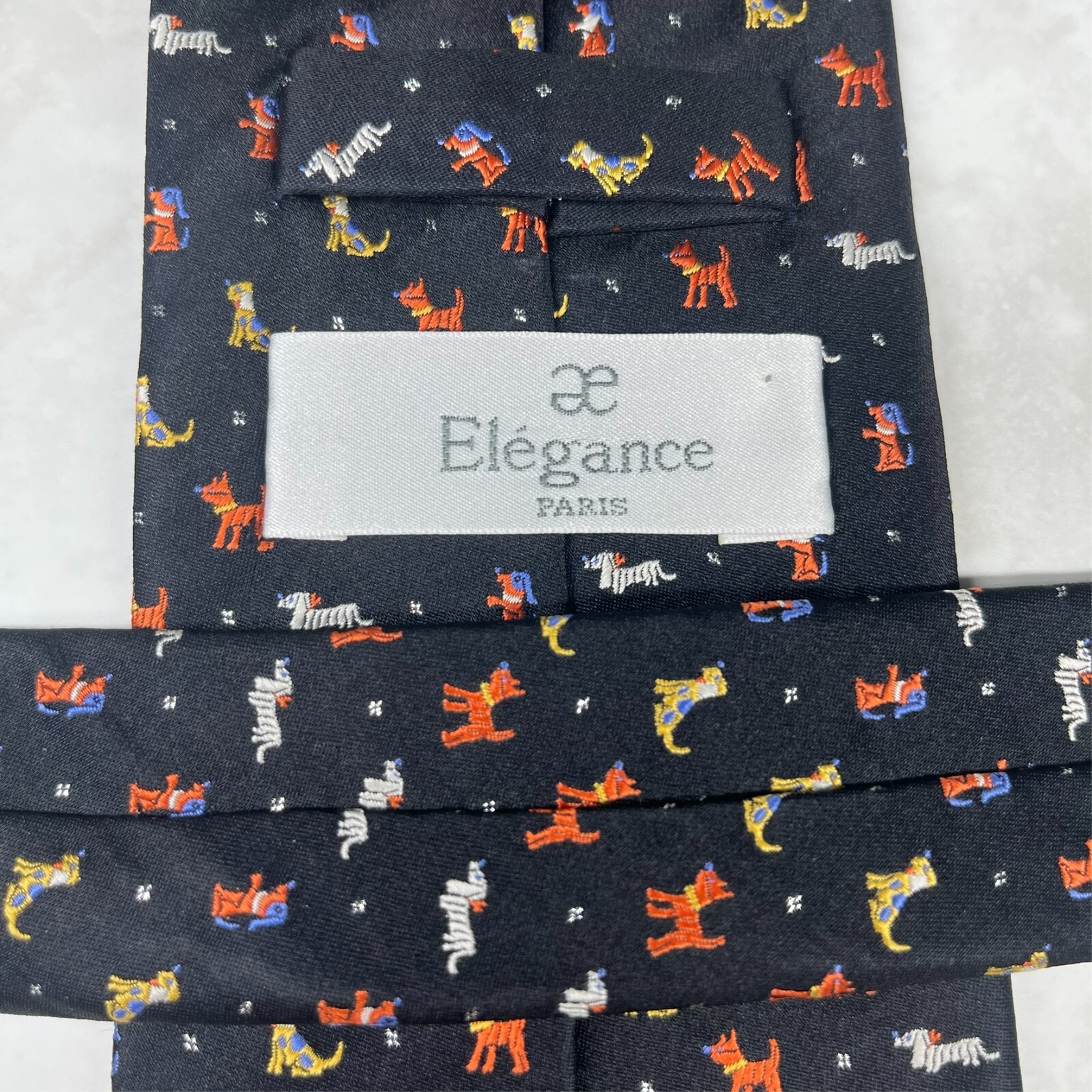 Elegance Paris Silk Men’s Necktie Geometric All Over Dog Print Crest Black