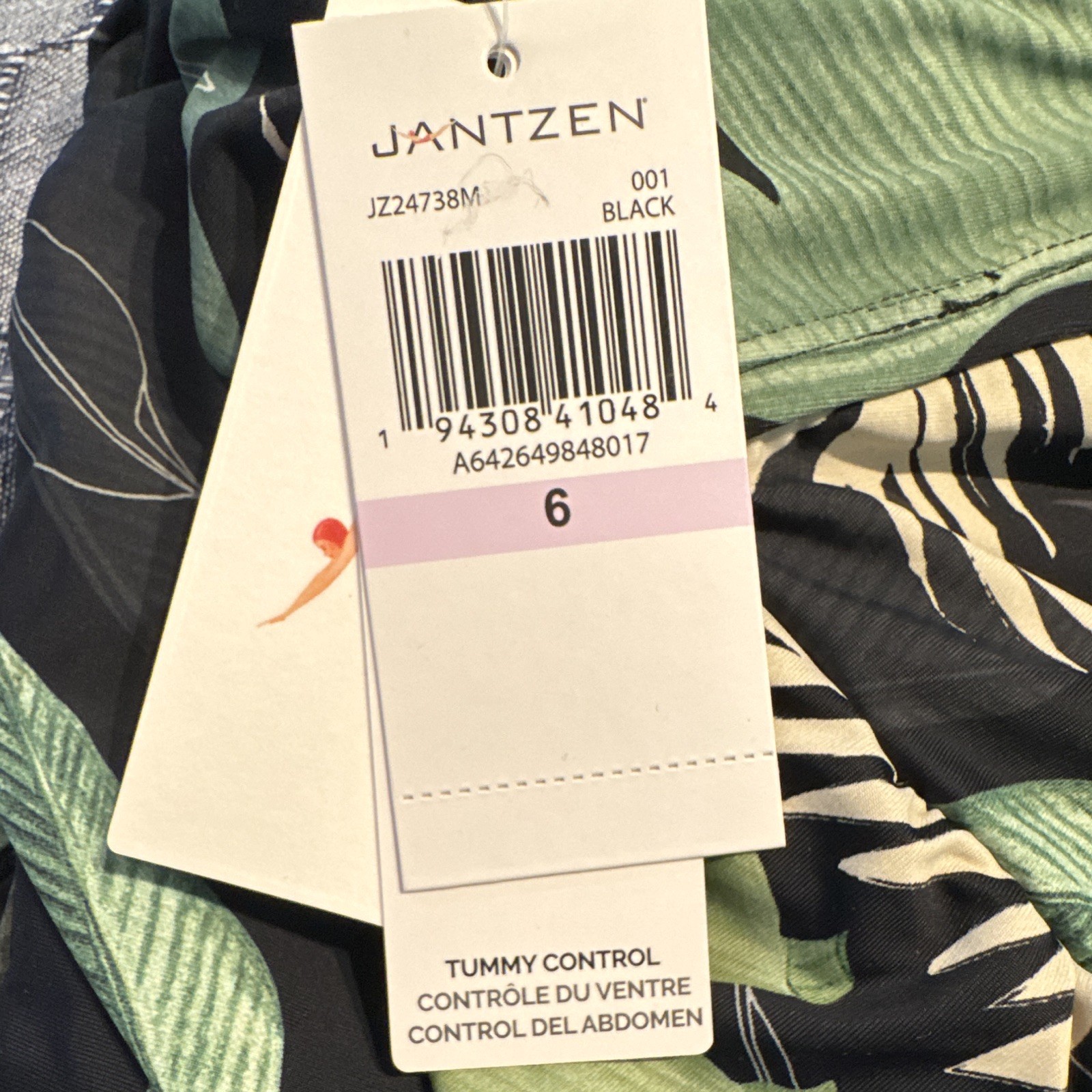 Jantzen Tummy Control Tropical One-Piece Swimsuit Black/Green Size 6 JZ24738M