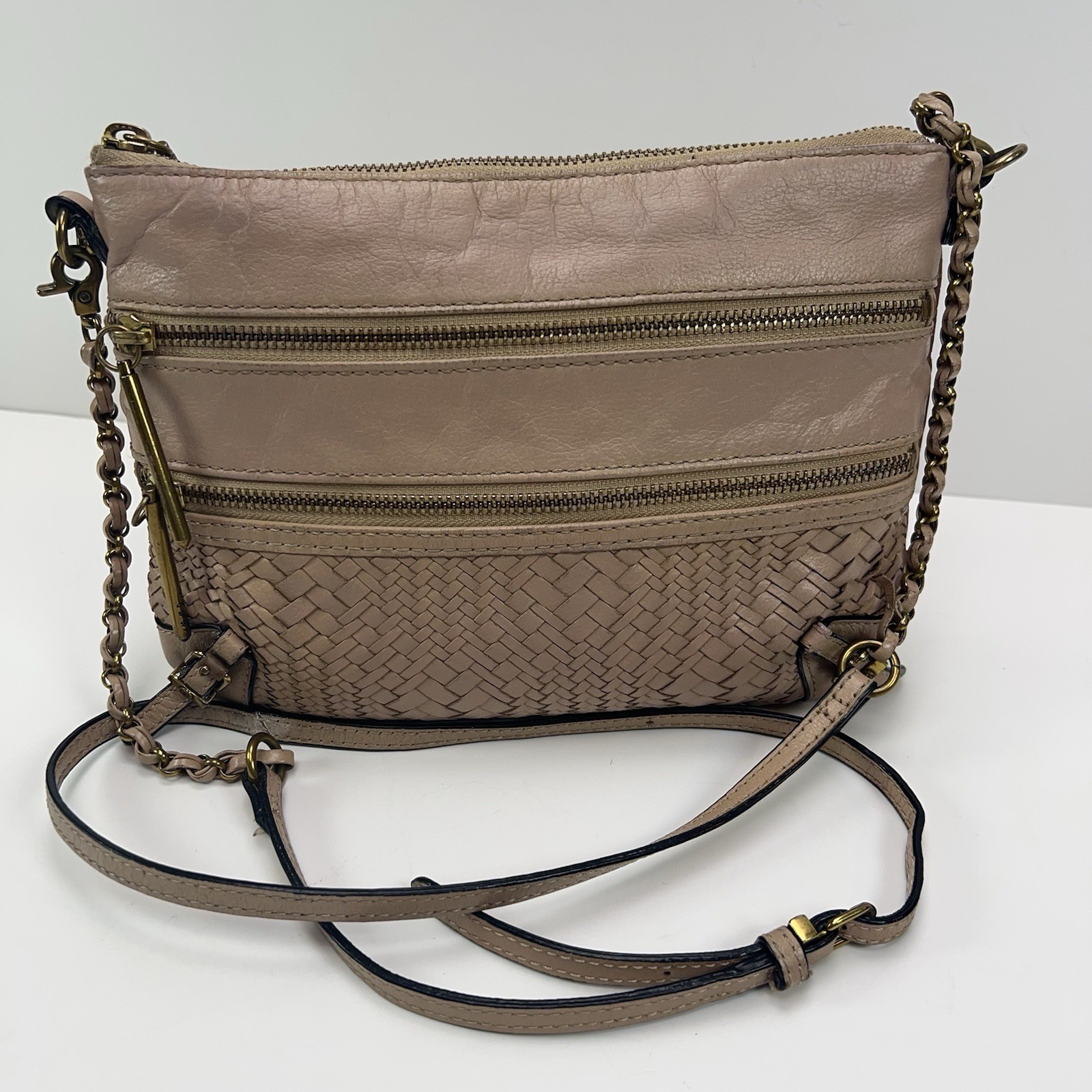 ELLIOTT LUCCA Messina Leather Crossbody Bag 3 Zip Basket Weave Purse Boho Nude