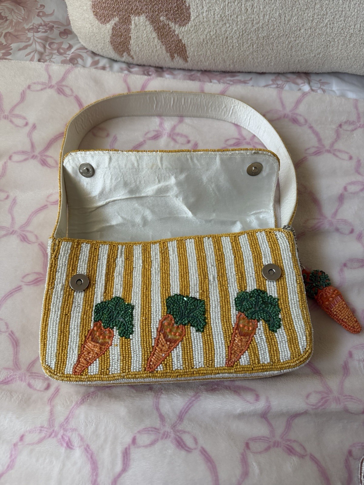 Beaded Carrot Striped Small Top Handle Bag w/ Carrot Charm Magnetic Closure