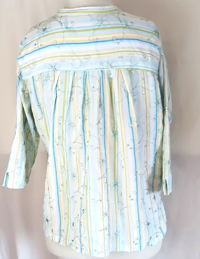 Susan Graver Style Blouse 1X Top Blue Green Pastel Stripe Embellished Sequins