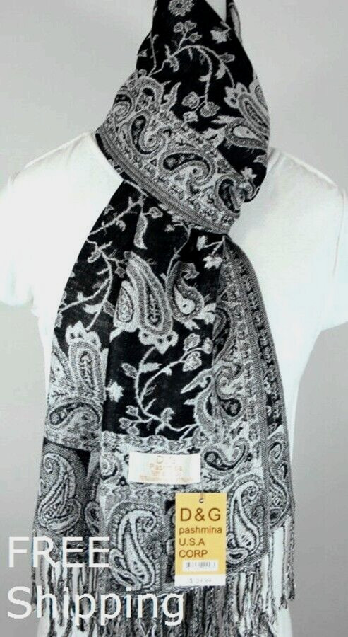 DG Women’s Pashmina Scarf Shawl Wrap Paisley White Black Silk Cashmere*Soft