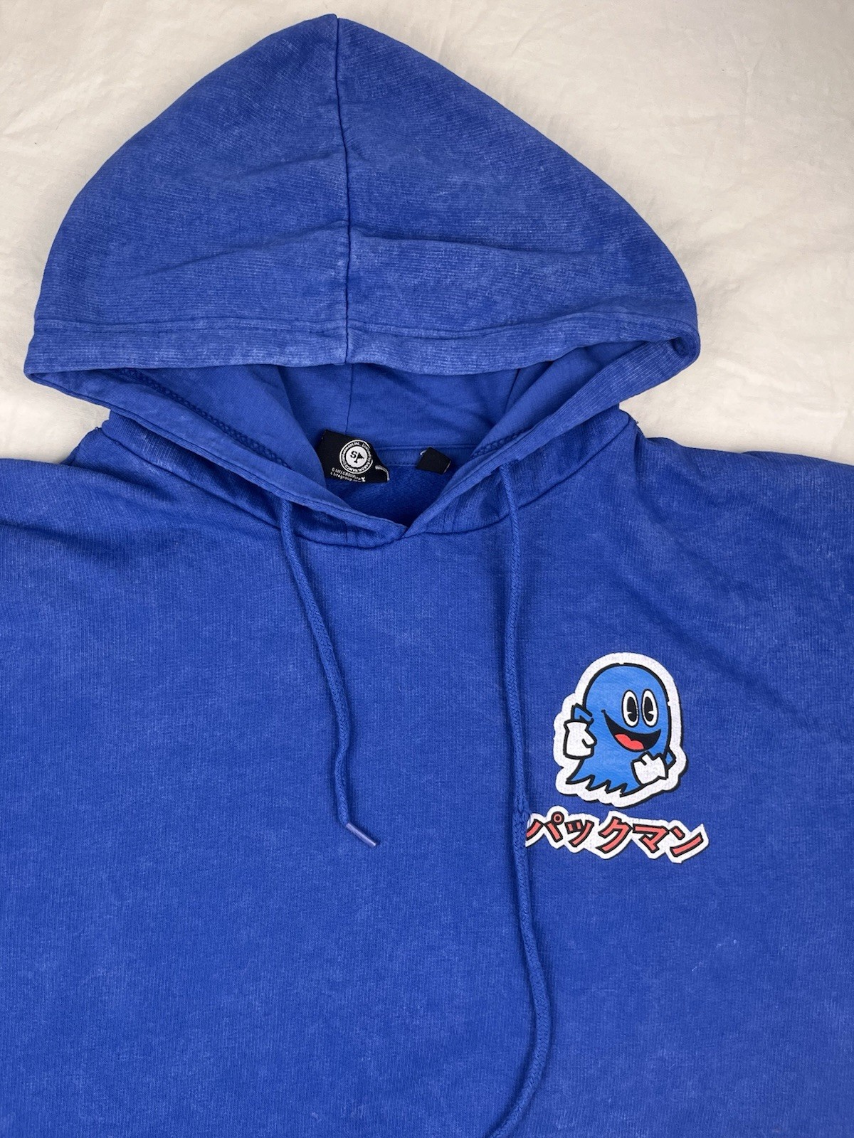 Retro Japanese Pac-Man Hoodie Large Blue Pull Over Long Sleeve Comfy wear Print