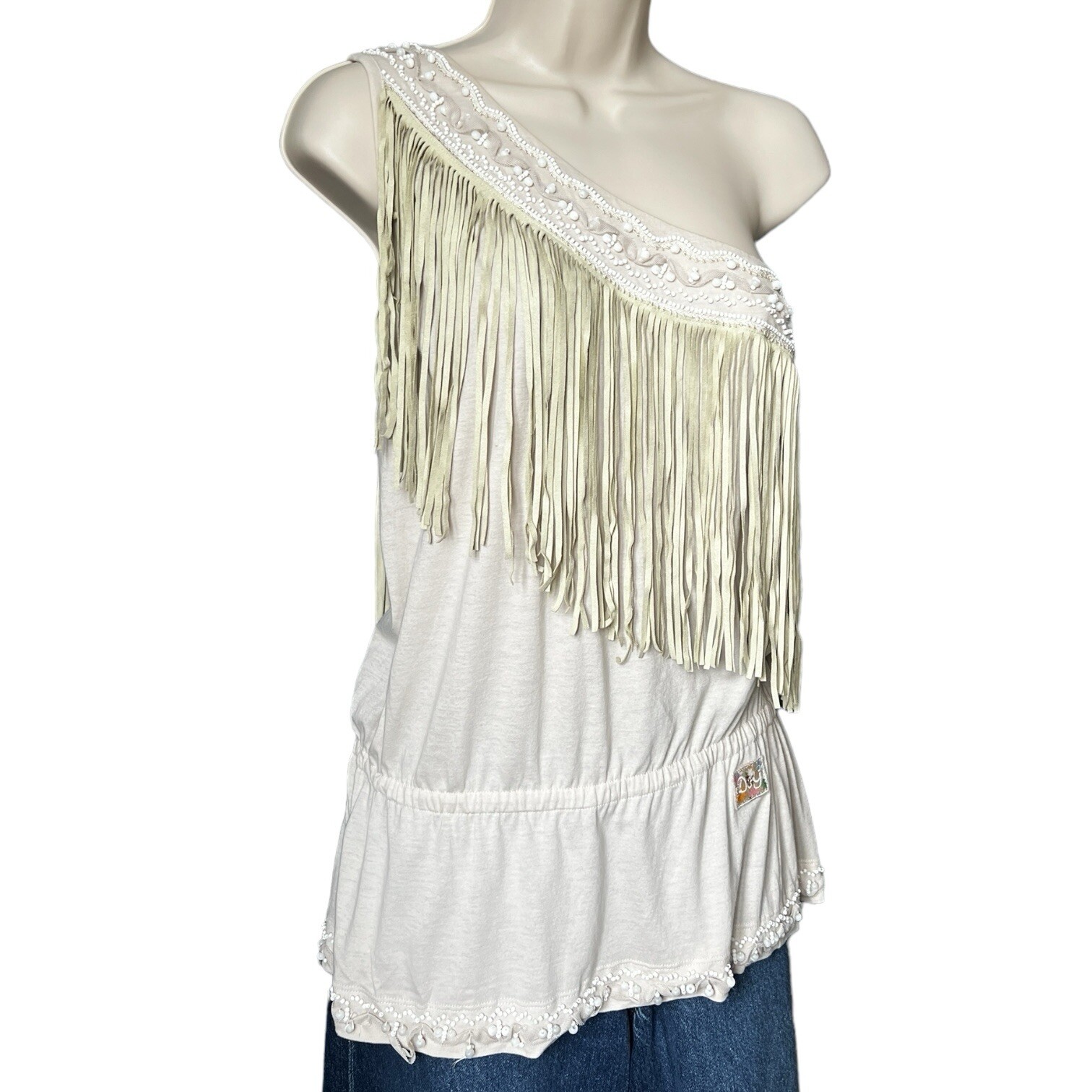 Dolce & Gabbana Vintage One-Shoulder Beaded Feather Top (IT42)
