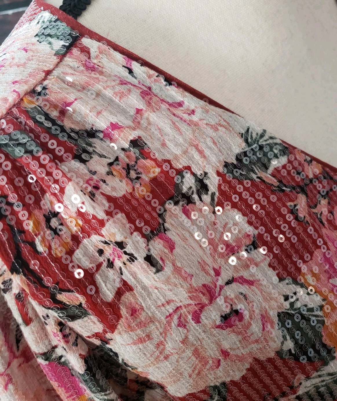 LC Lauren Conrad Plus Size 0X Sequin Puff Sleeve Wrap Top Blouse Belted Floral