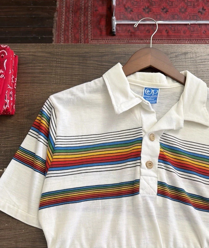 Vtg 70 80’s Ocean PacificSunwear OP Logo RAINBOW STRIPE Polo SURFER Shirt L
