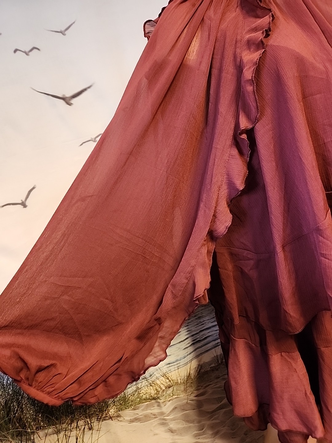 new Commense Red Semi-Sheer Chiffon Ruffle Dress with Cape Overlay, Large