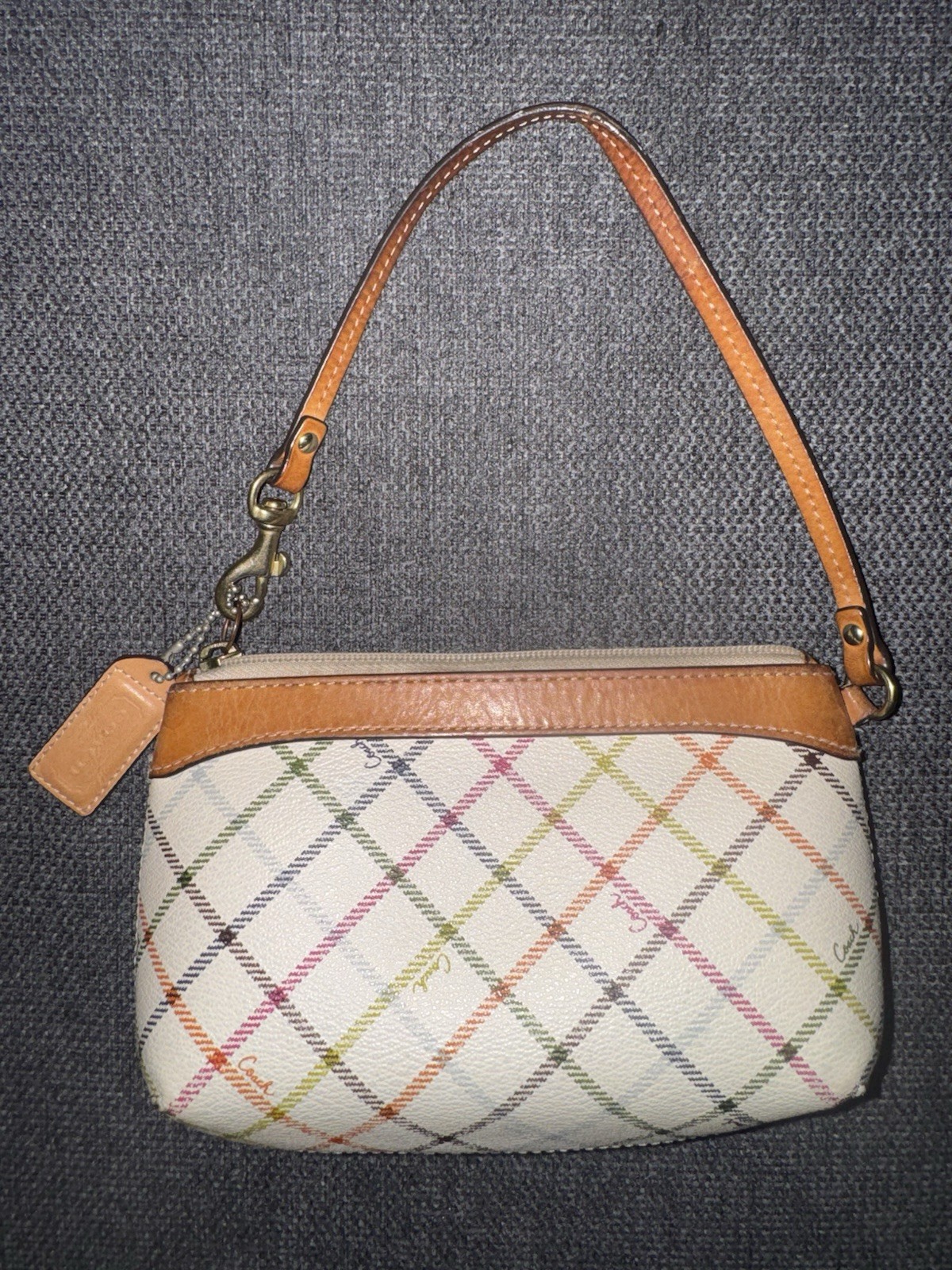 Coach Tattersall Plaid Print Coated Canvas Wristlet with Leather Trim