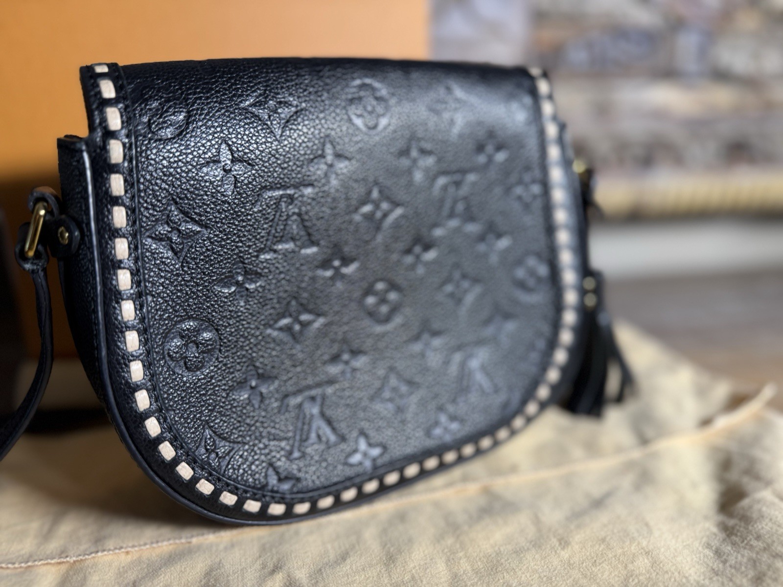 Louis Vuitton Black Monogram Embossed Crossbody Small Gold Hardware w/ Dust Bag