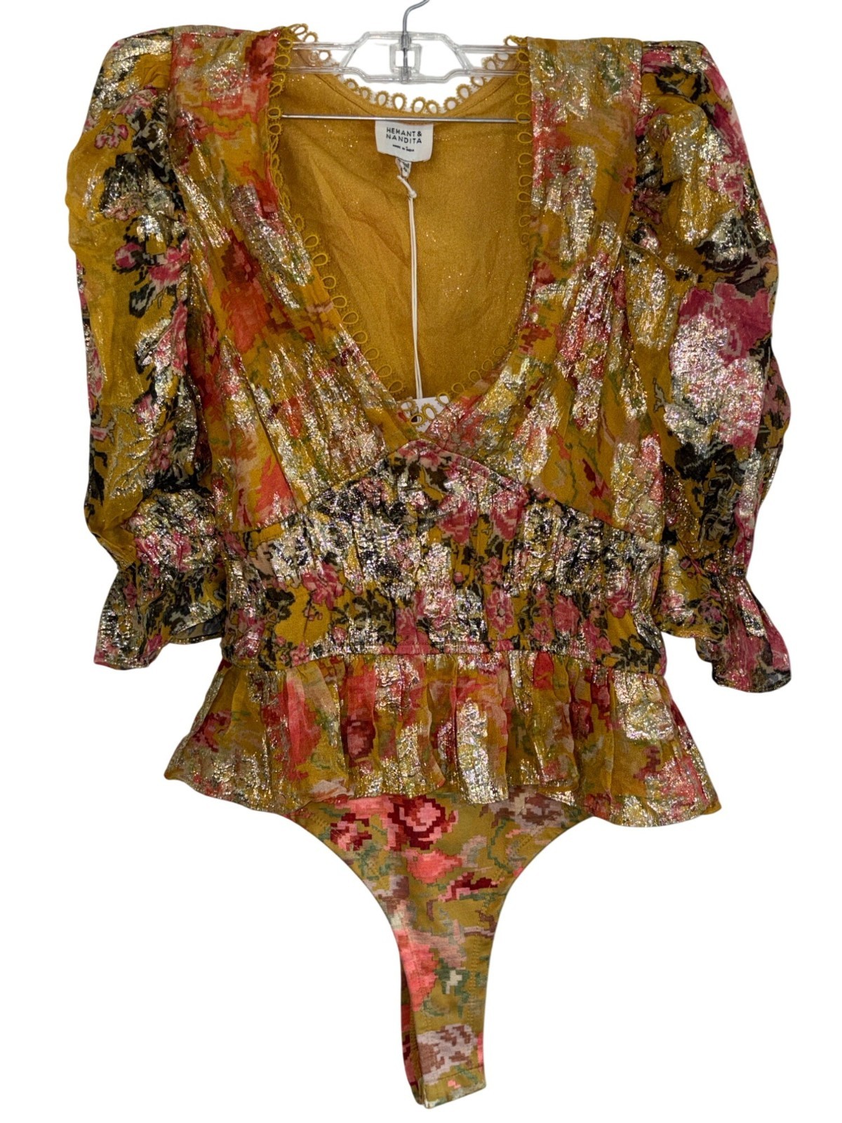 HEMANT AND NANDITA Nova Bodysuit in Mustard Multi X-Small New Womens Blouse Top
