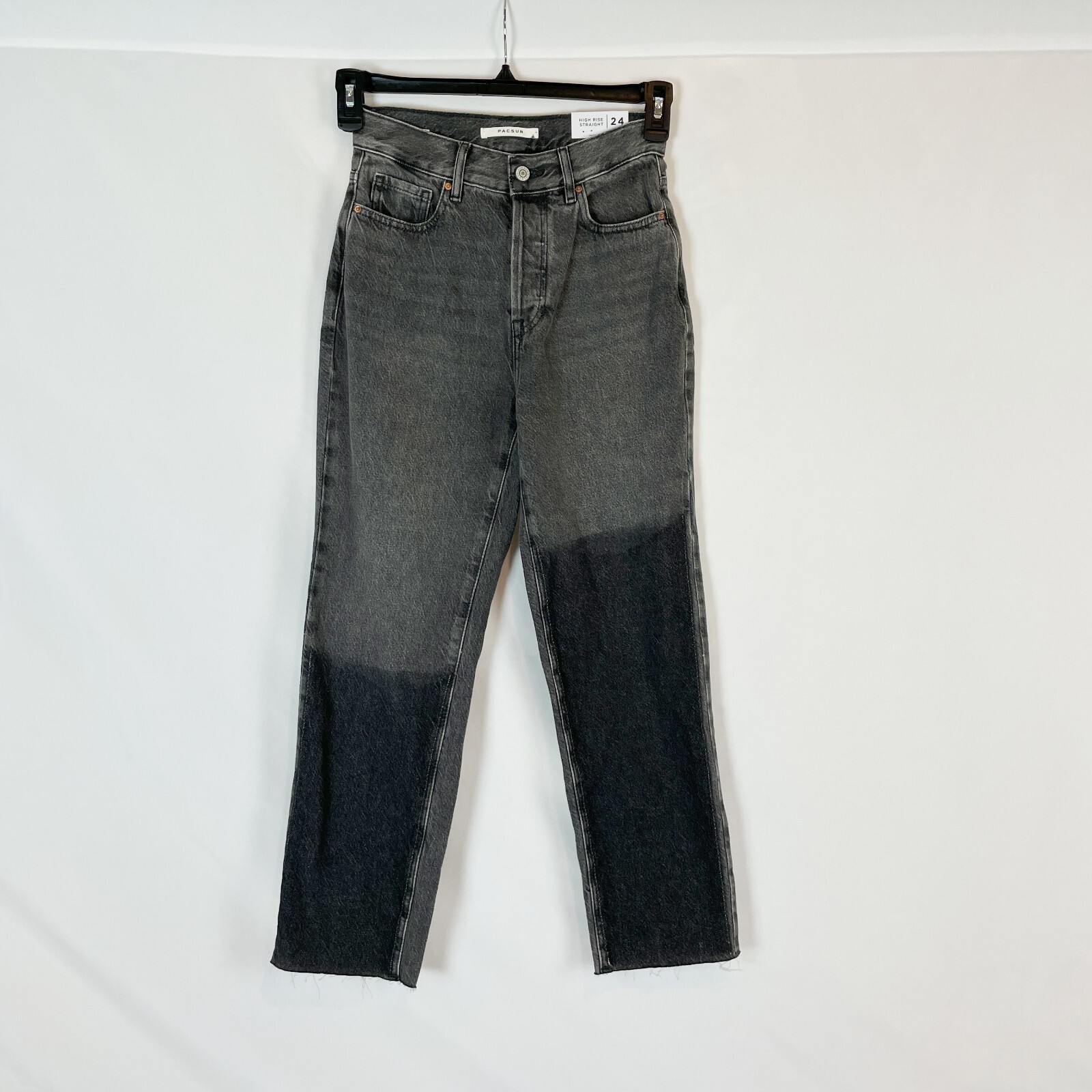 NEW PacSun Jeans Womens 24 Two Toned Black Denim High Rise Straight Raw Hem