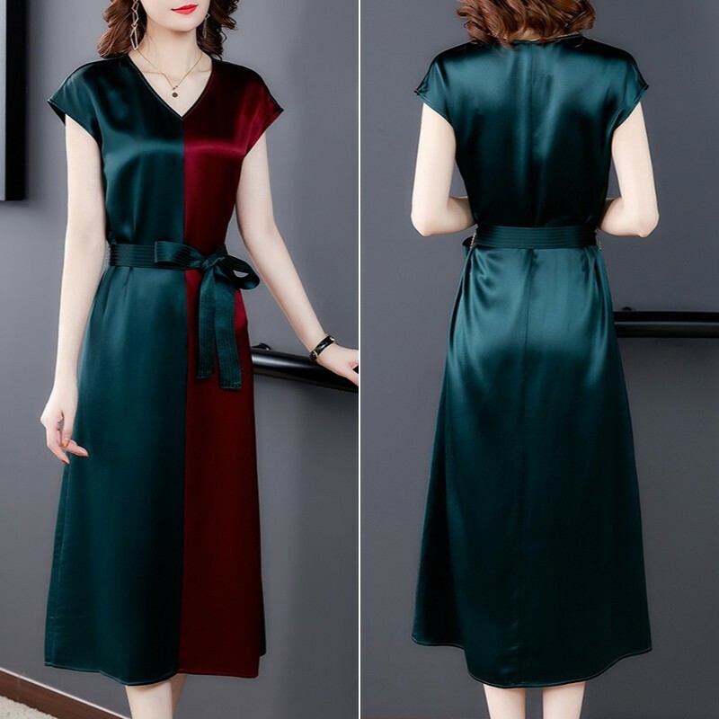 Women Satin Faux Silk Dress Short Sleeve Assorted Color V-neck Belt Elegant