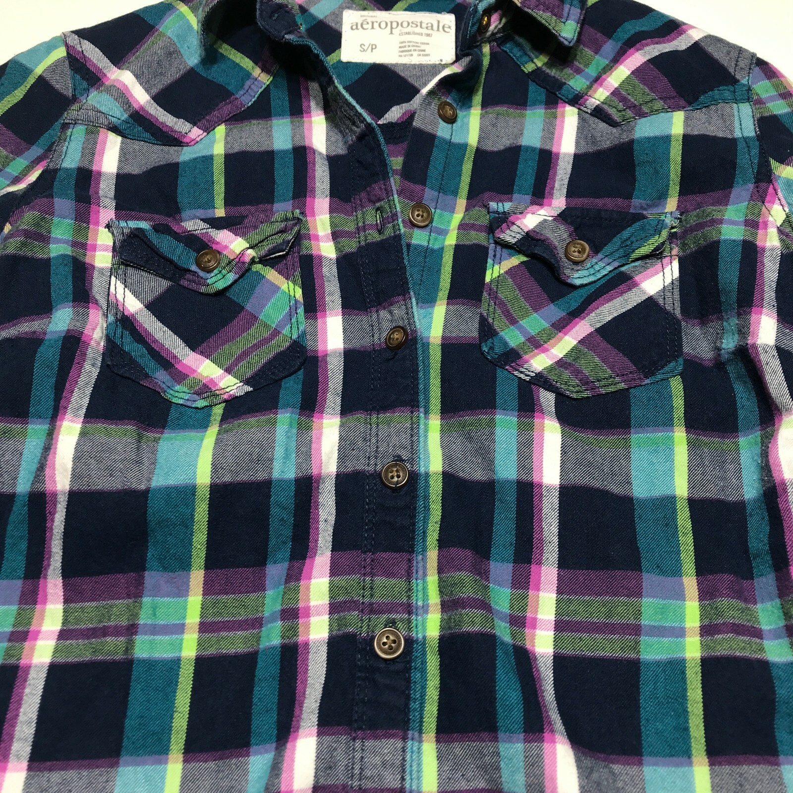 Aeropostale Button Up Womens Size S/P Casual Plaid 100% Cotton 2 Front Pockets