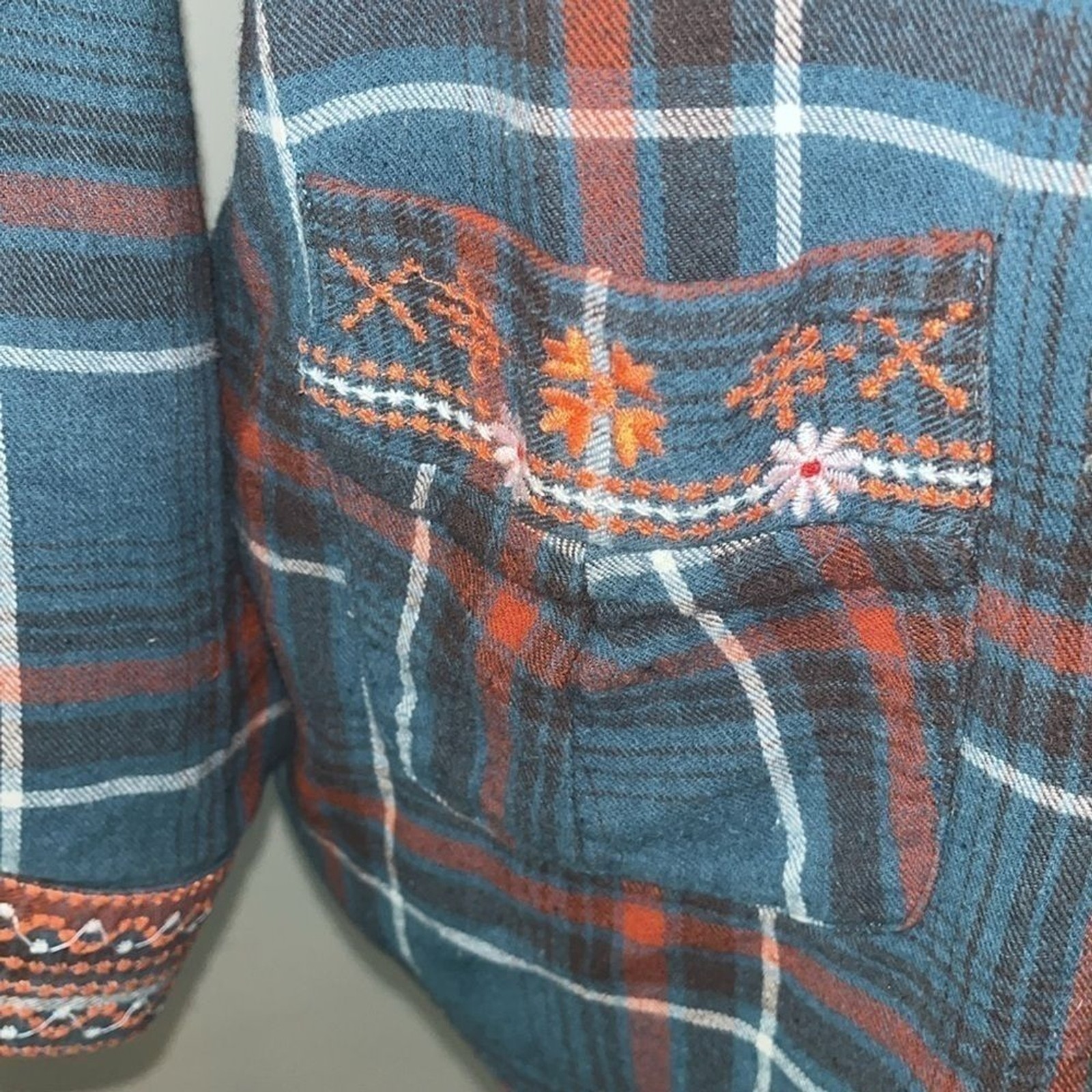 🤎 M Embroidered Flannel Tunic Longline Pockets Rodeo Boho Festival Art To Wear