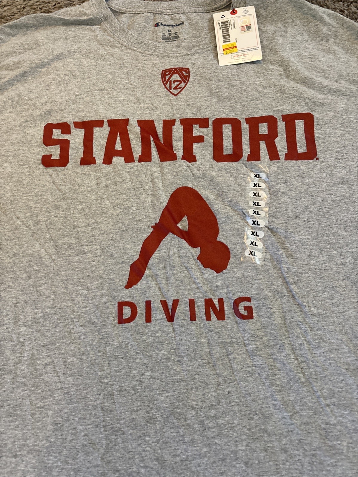 Champion Stanford Diving Graphic Tee Cardinal Red Gray PAC-12 Men’s Size XL NWT