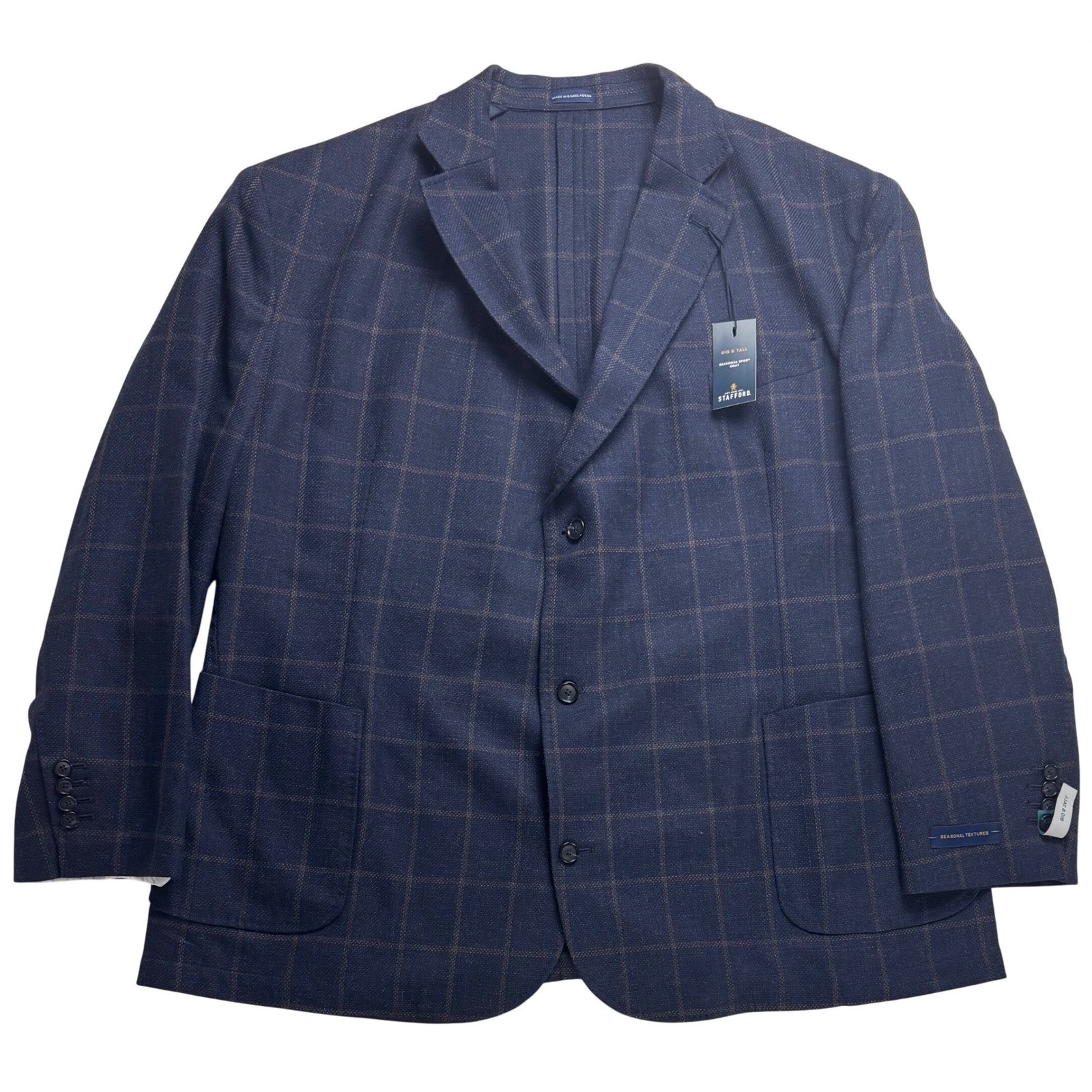 Stafford Big & Tall Mens 54R Navy Windowpane Wool Blend Sport Coat Blazer NWT