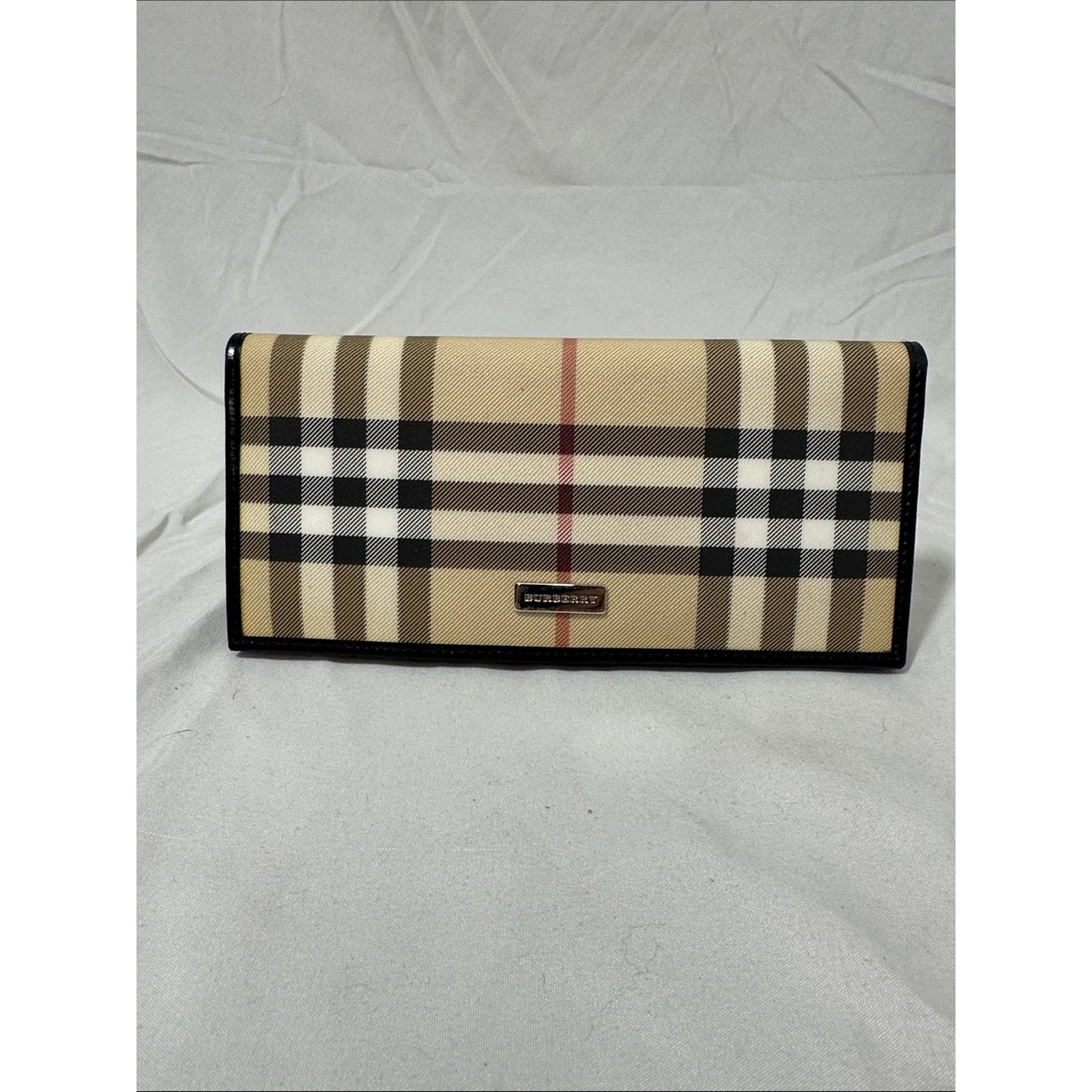 Burberry Nova Check Continental Wallet Beige Plaid Leather Trim Made in Italy