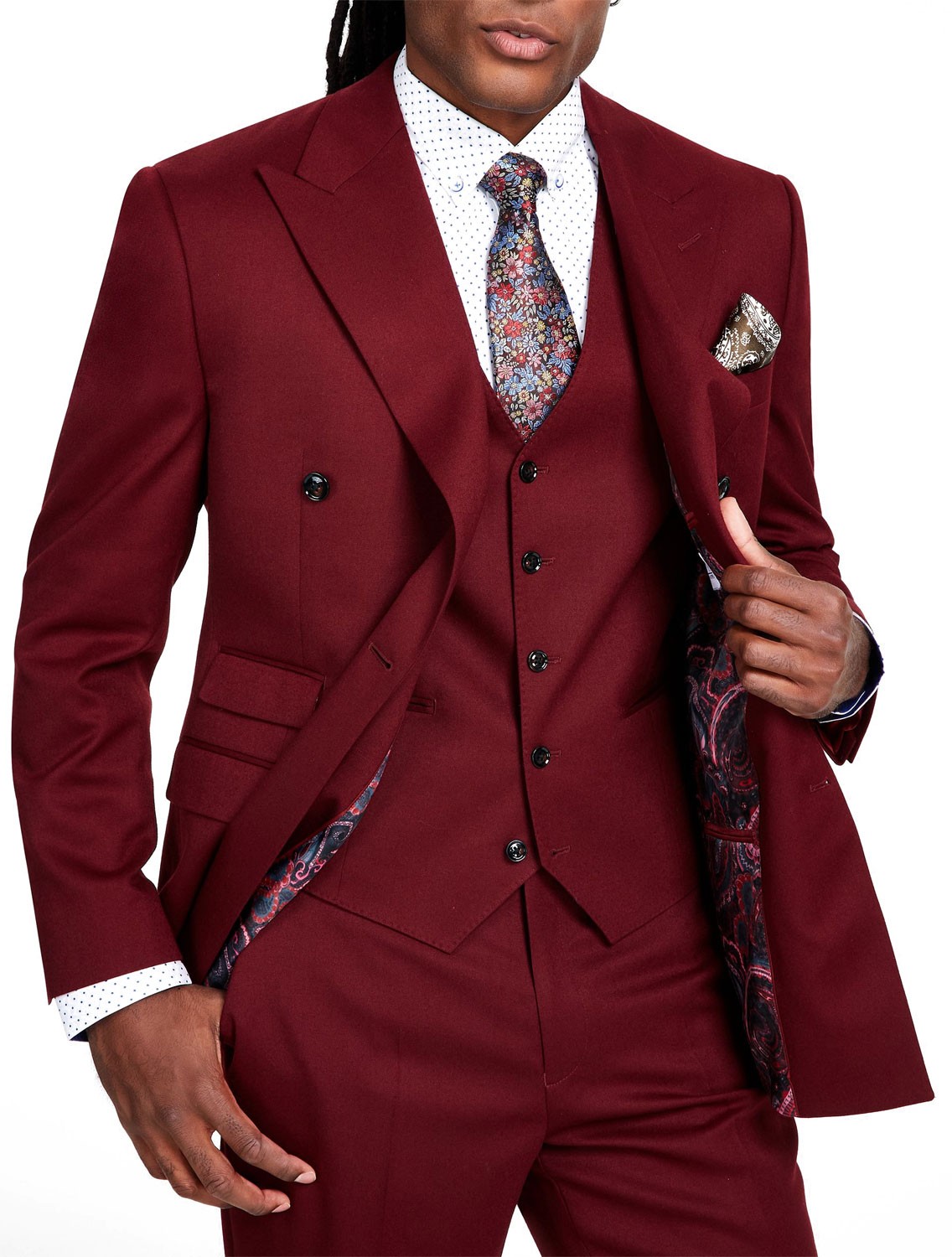 Tayion Collection Mens Classic-Fit Double-Breasted Suit Jacket 46R Burgundy NWT