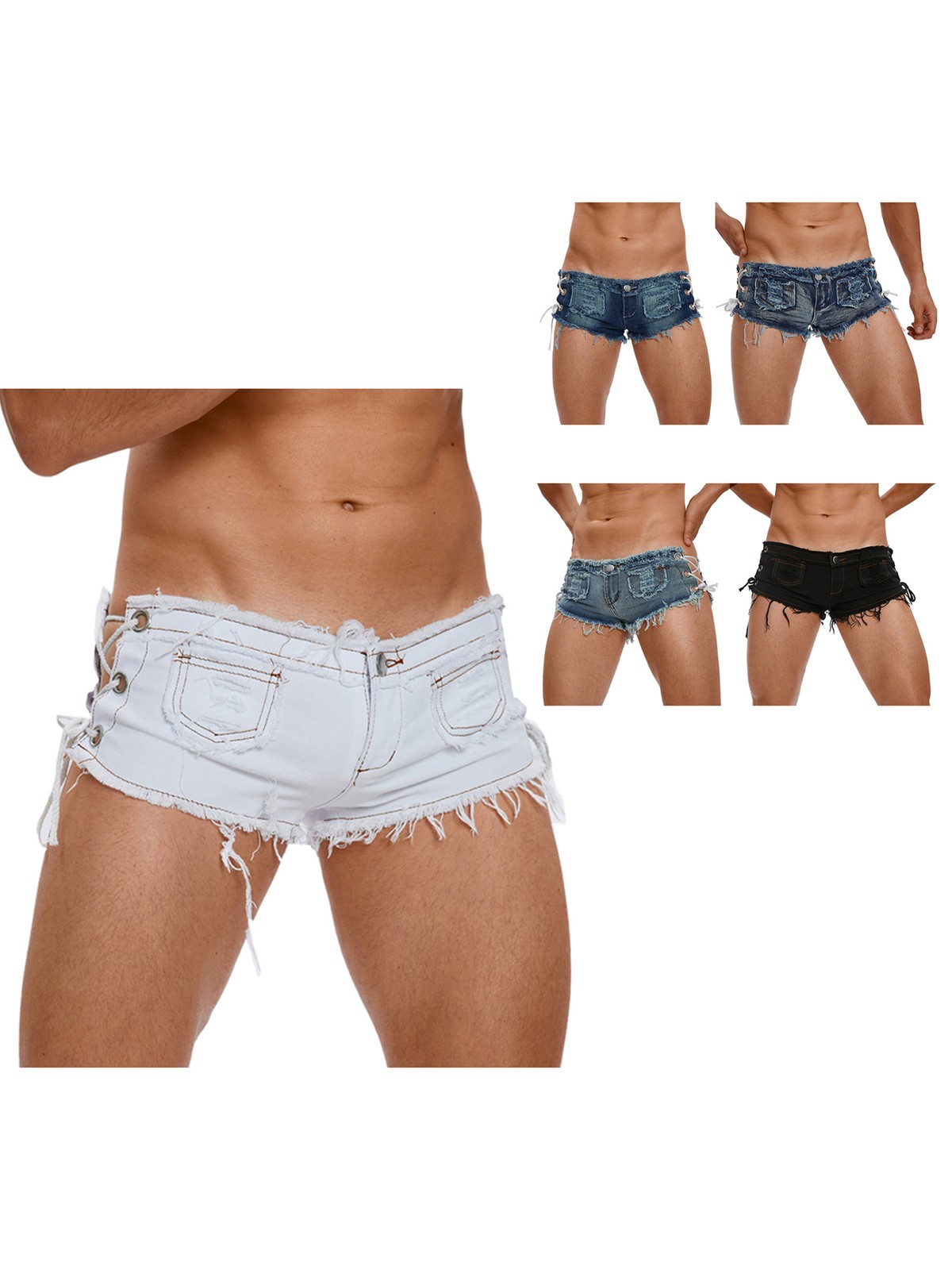 US YiZYiF Men Cut Off Low Rise Denim Ripped Shorts Distressed Side Tie Clubwear