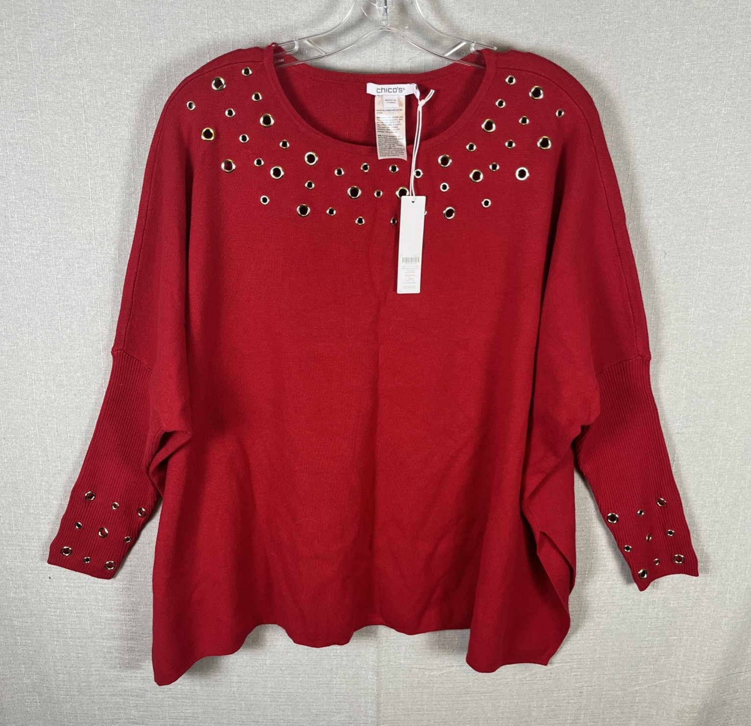 Womens Size Large XL Chicos Crew Neck Grommet Sweater Poncho Red L/XL $129 NEW