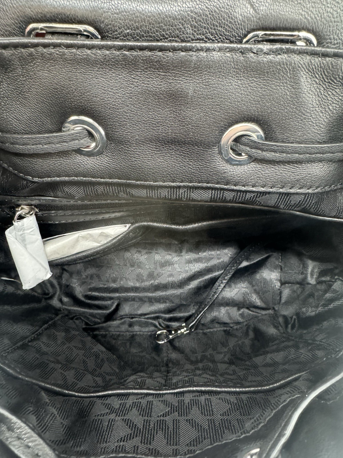 Michael Kors Medium Black Quilted Backpack Drawstring Push Lock Silver Pouch